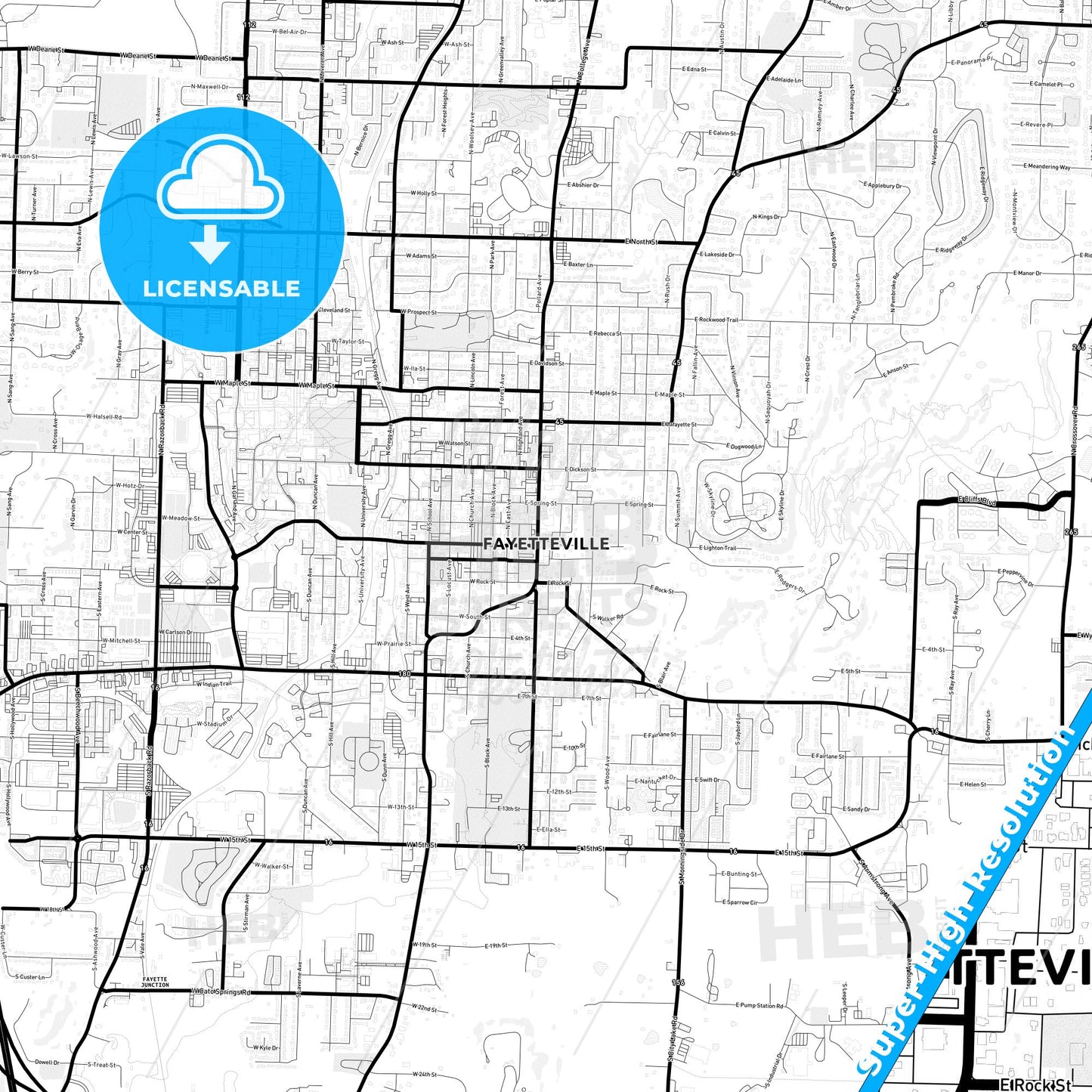 Fayetteville, Arkansas Light Map with Street Names, City Names, and Districts