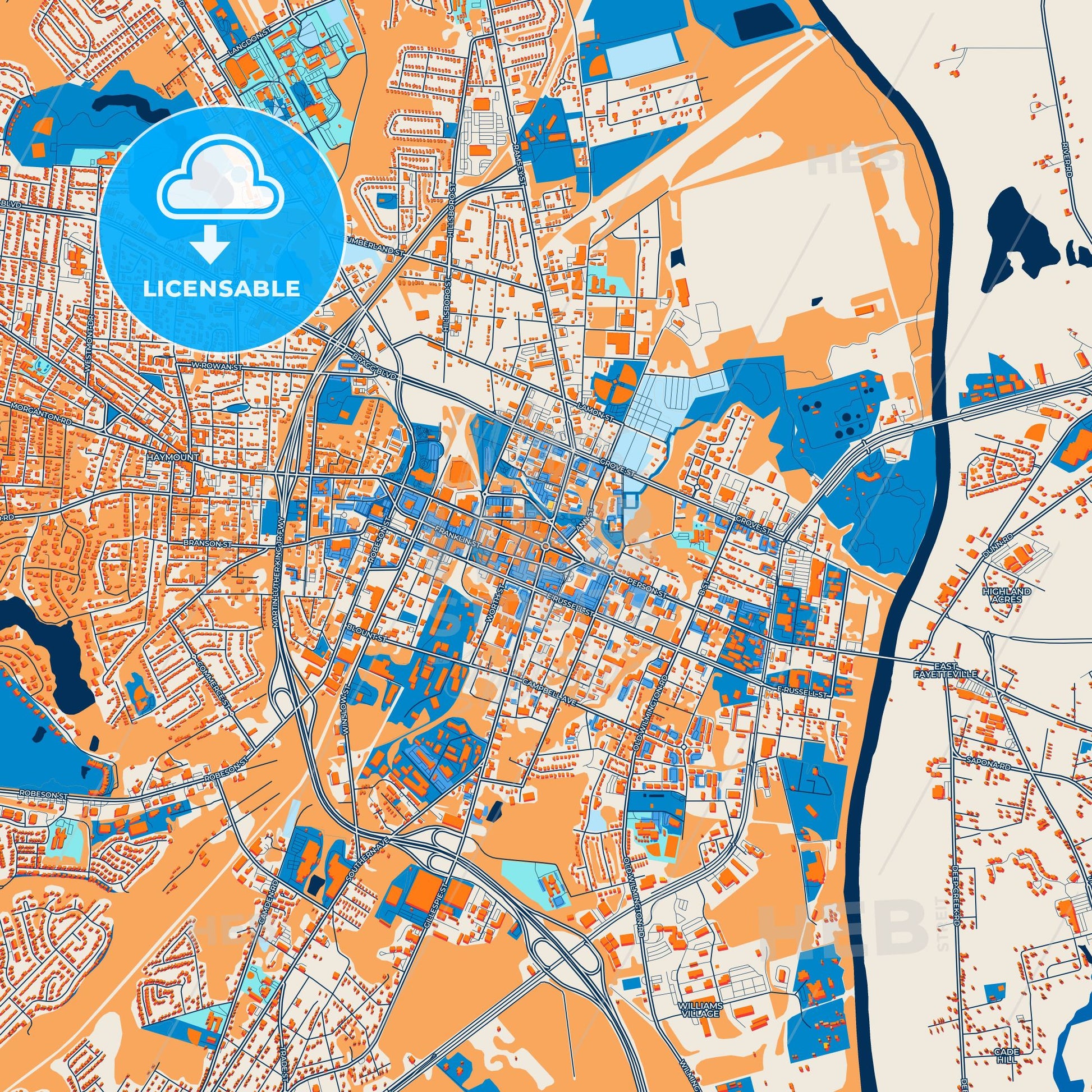 Colorful Fayetteville Street Map with Labels and Buildings