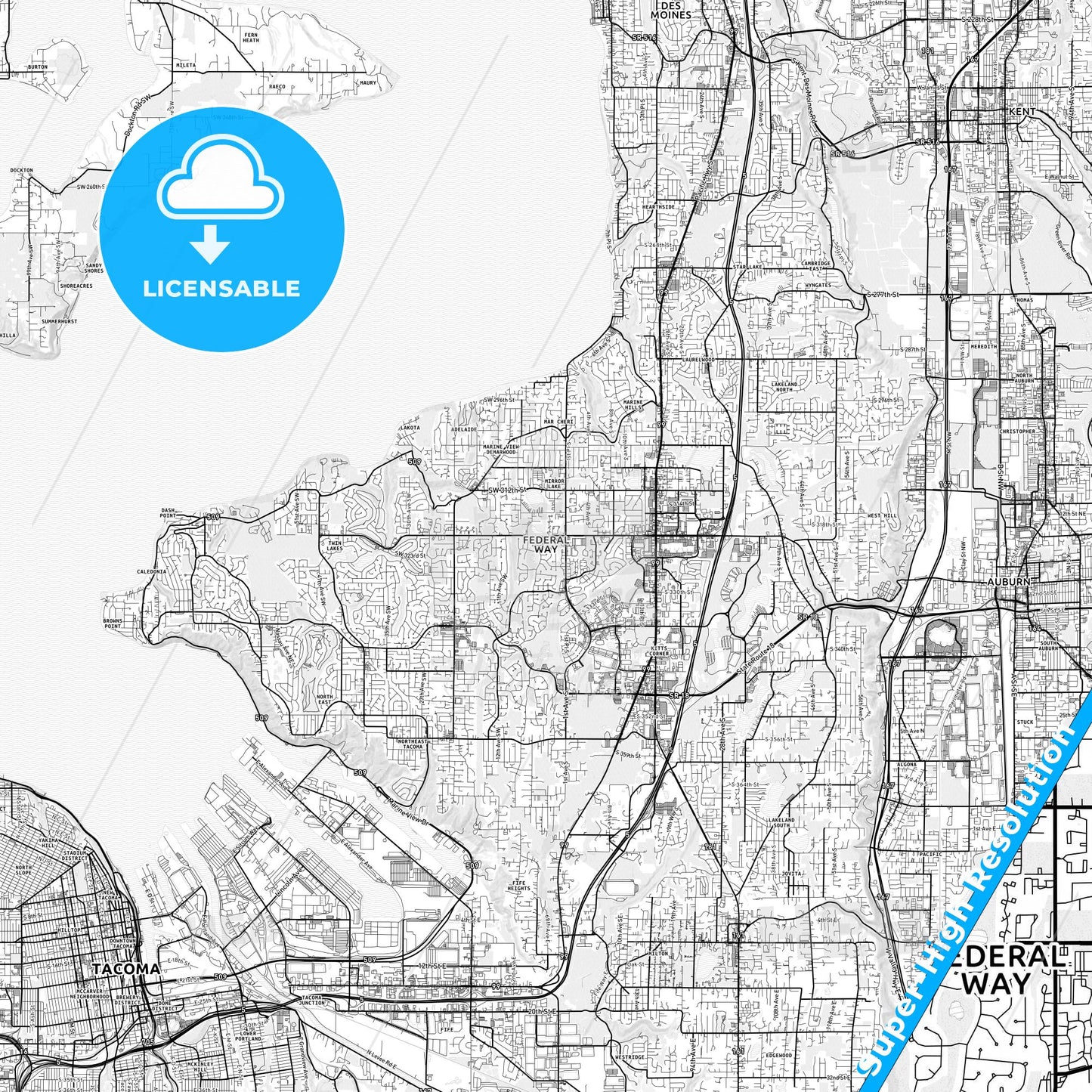 Federal Way, Washington light map with streetnames, citynames and districts