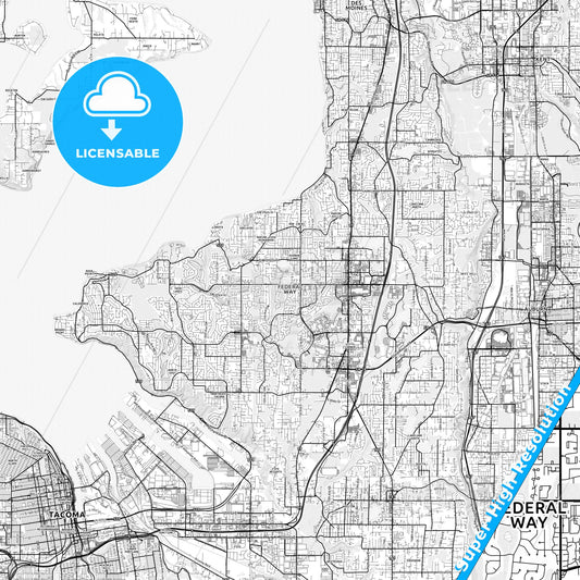 Federal Way, Washington light map with streetnames, citynames and districts