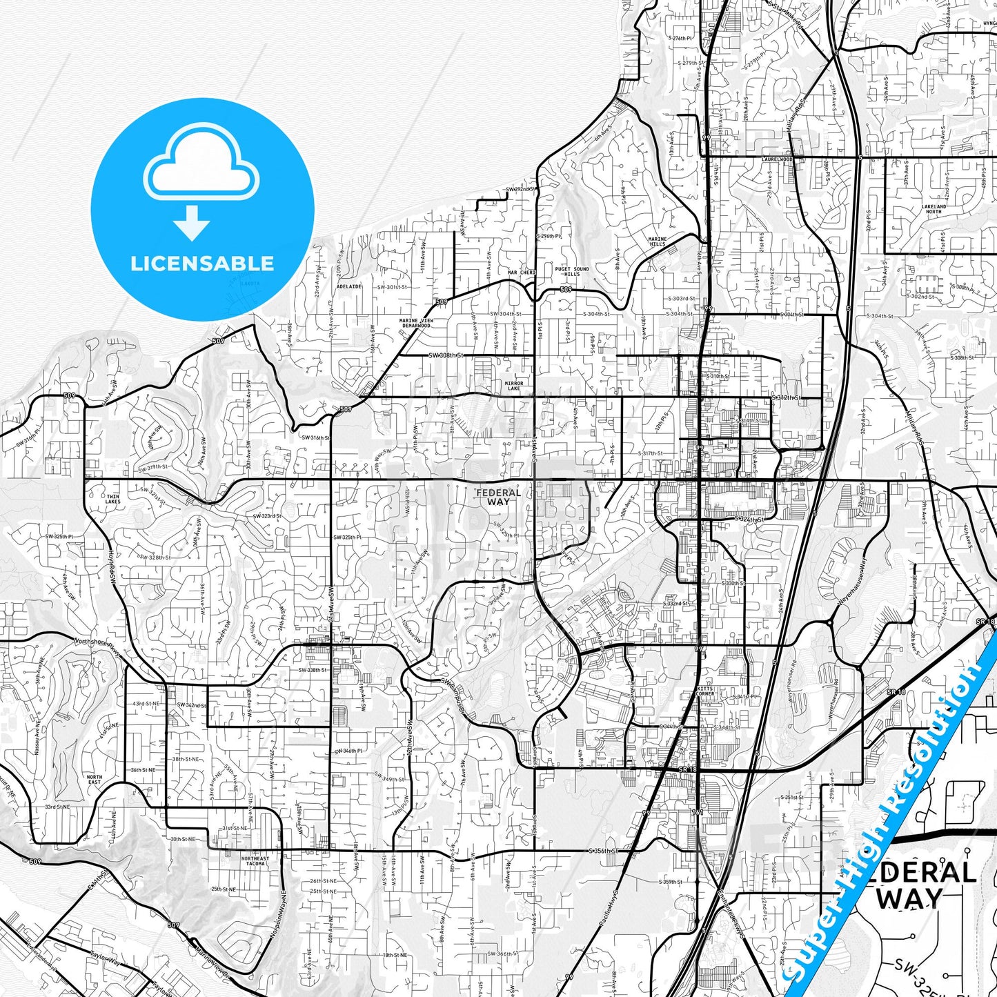 Federal Way, Washington Light Map with Street Names, City Names, and Districts