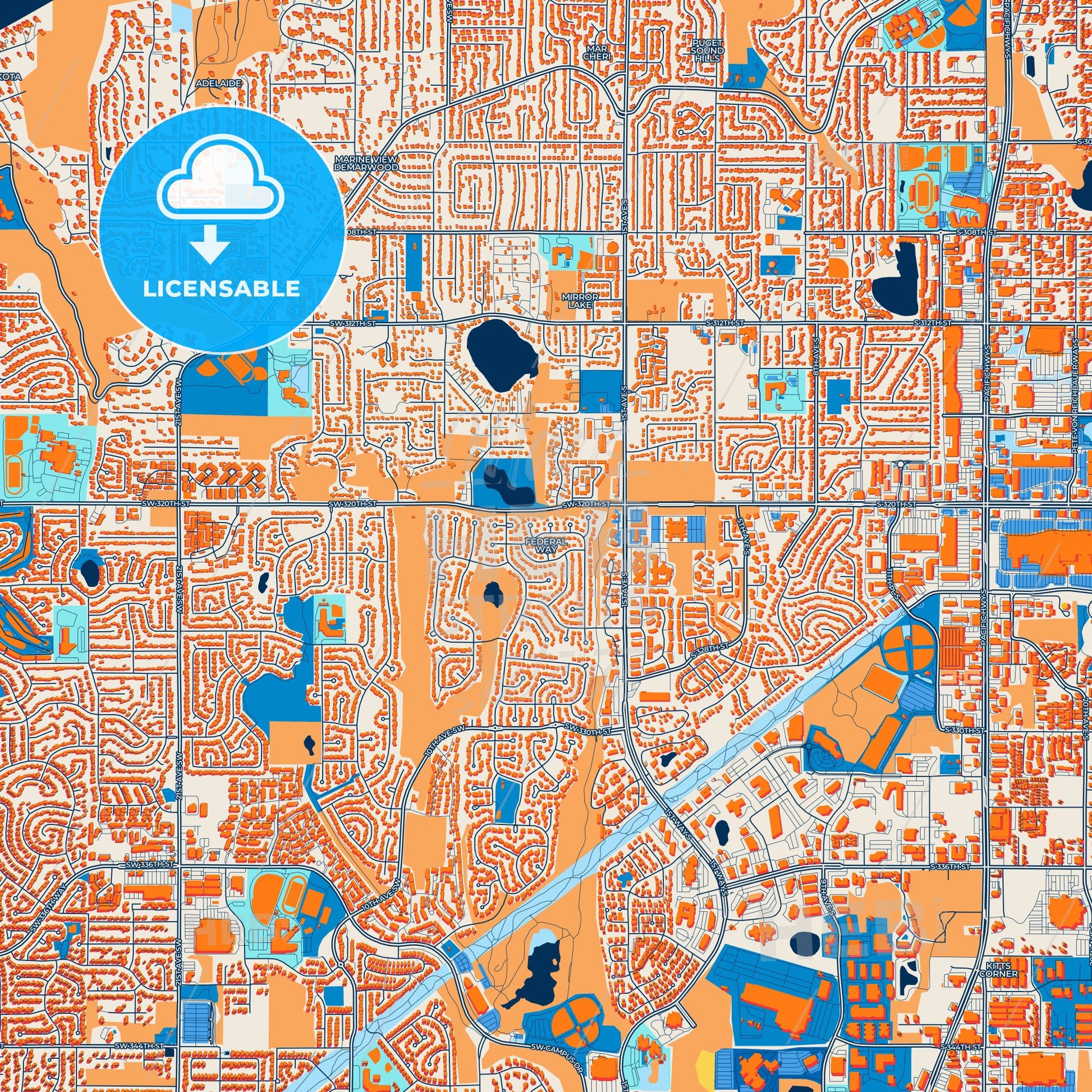 Colorful Federal Way Street Map with Labels and Buildings