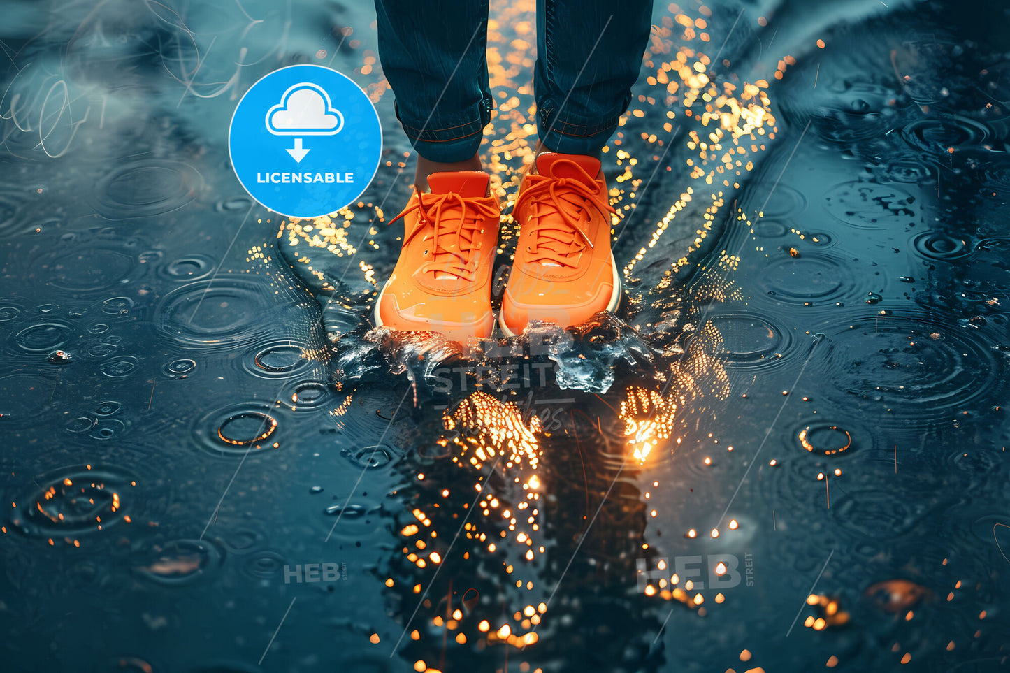 Dynamic Splash: Vibrant Feet Racing in Orange Sneakers, Painted Artistic Background, Glowing Sneaker Accents