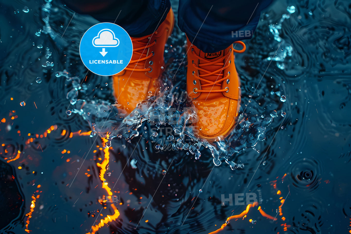 Glowing Orange Sneakers Splashing Through Puddle, Painting, Art, Orange Blue Contrast, Feet In Water