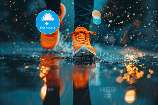 Vibrant Art: Feet Dash Through Puddles, Warm & Cold Backgrounds, Glowing Orange Sneakers on Dark Blue - Stock Image