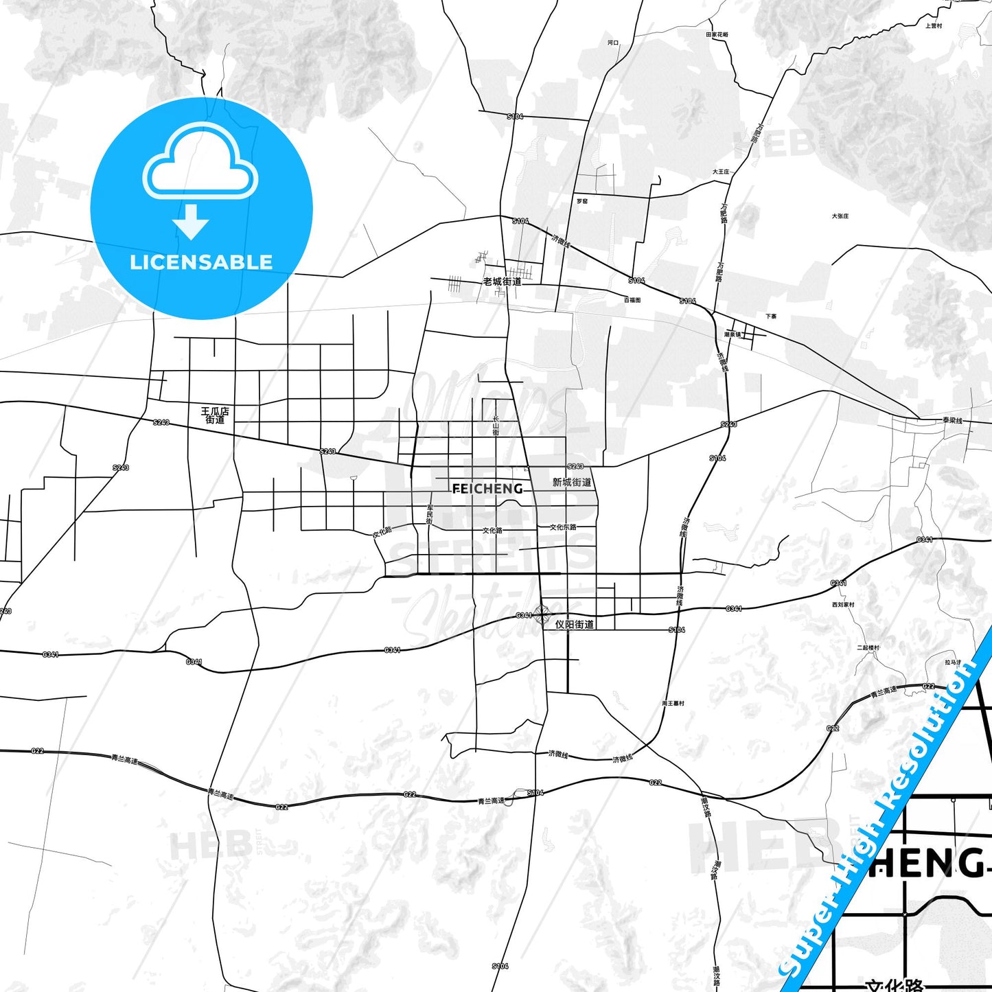 Feicheng, China light map with streetnames, citynames and districts