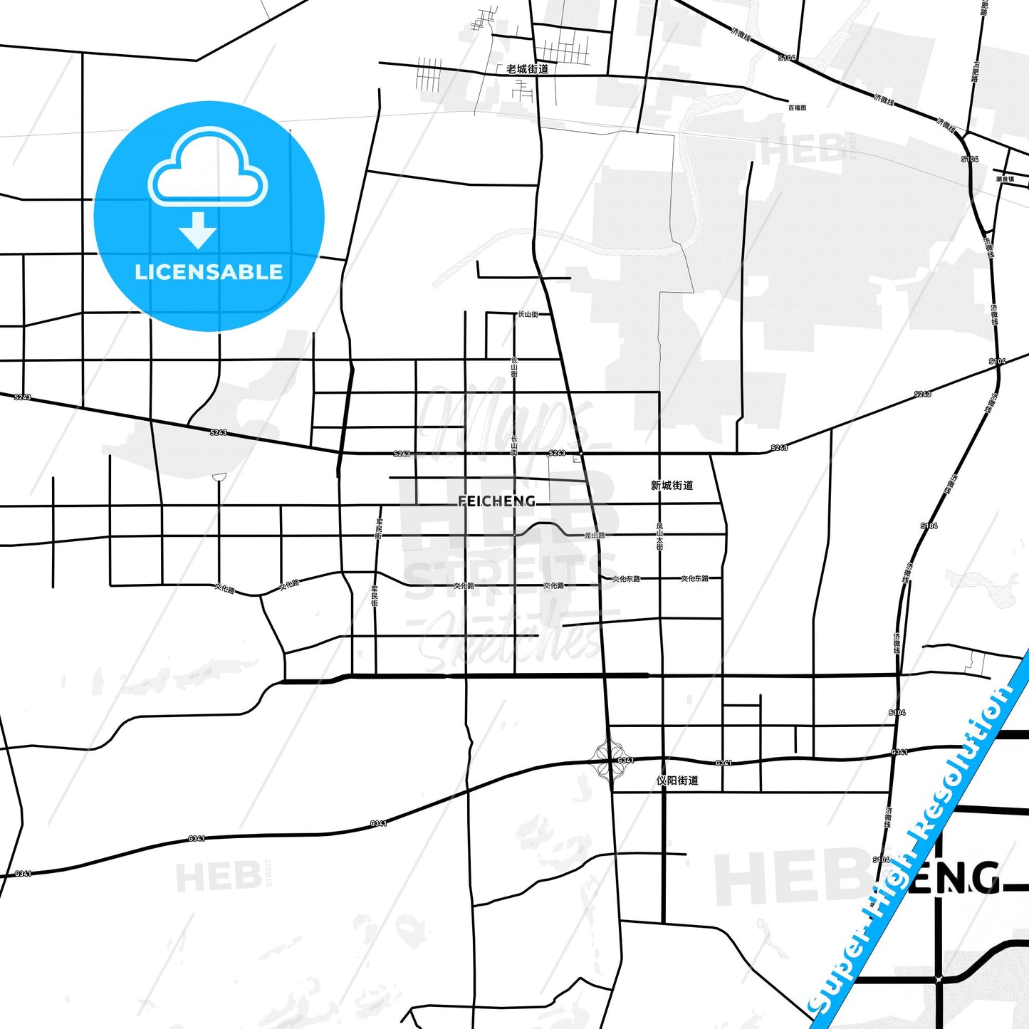 Feicheng, China Light Map with Street Names, City Names, and Districts