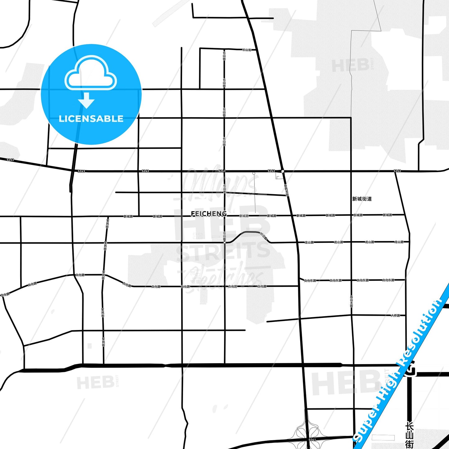 Feicheng, China Light Map with Street Names, City Names, and Districts