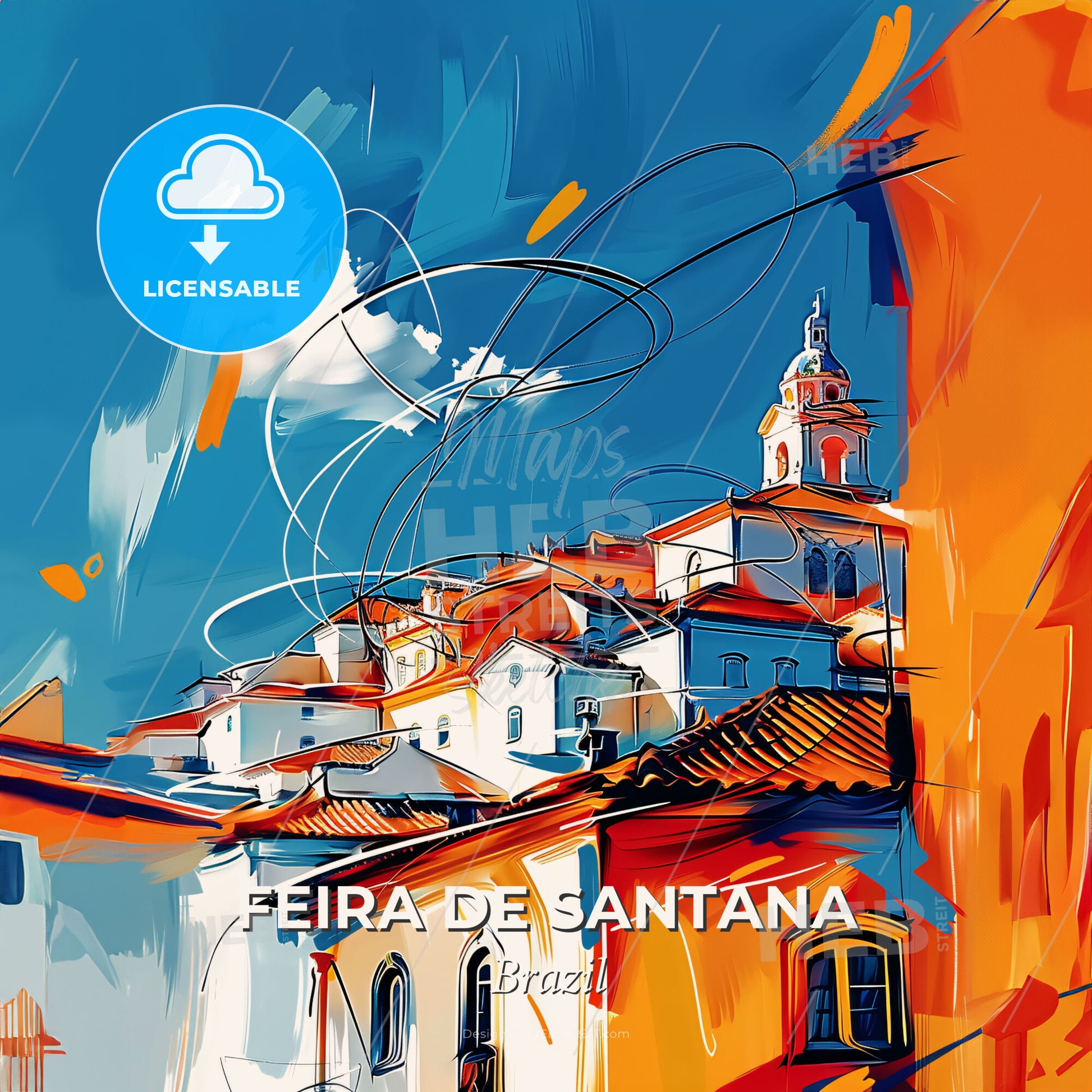 Vibrant Feira De Santana, Brazil - A Painting Of A Building With A Tower And A Blue Sky - Square format print template