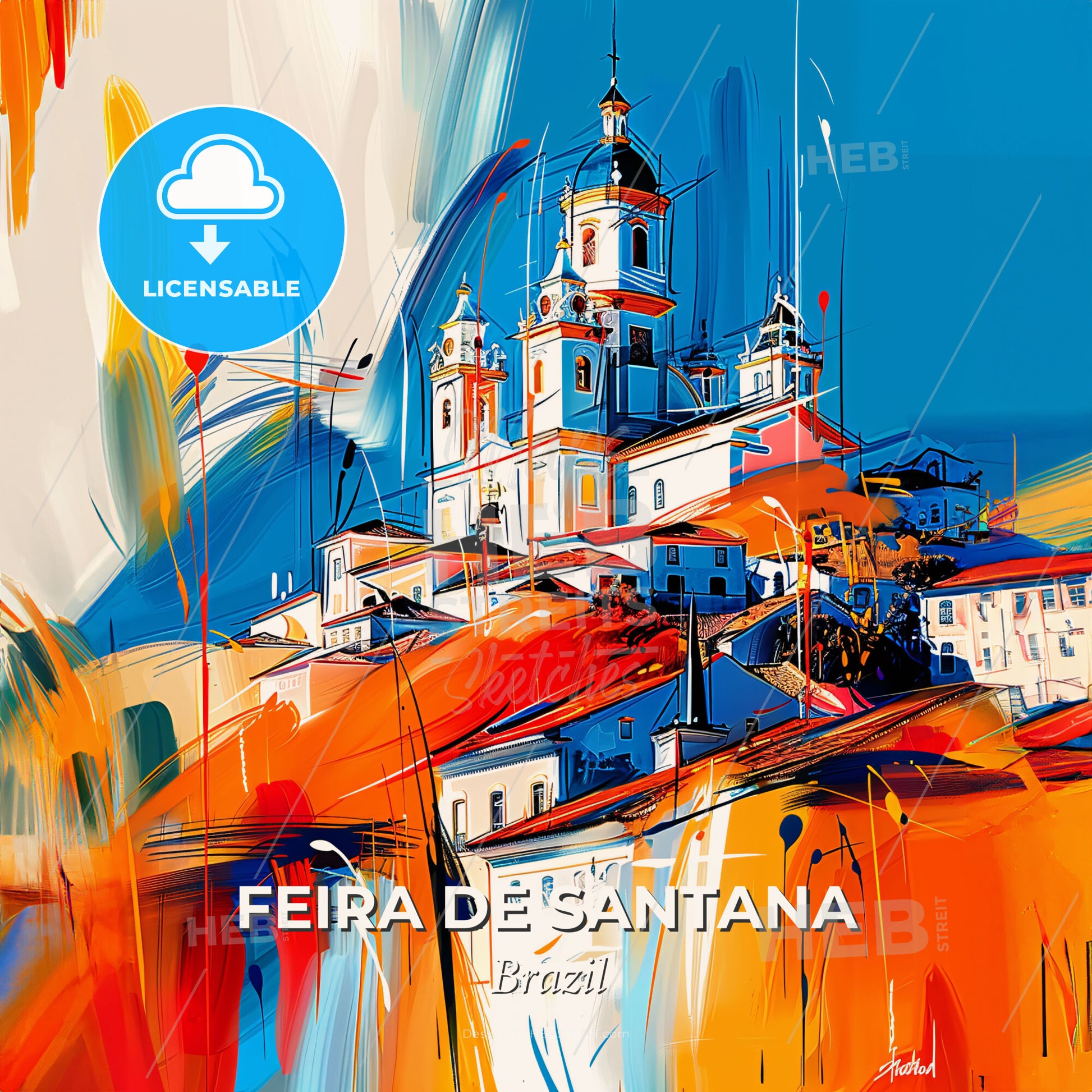 Vibrant Feira De Santana, Brazil - A Painting Of A Building With A Tower And A Blue Sky - Square format print template