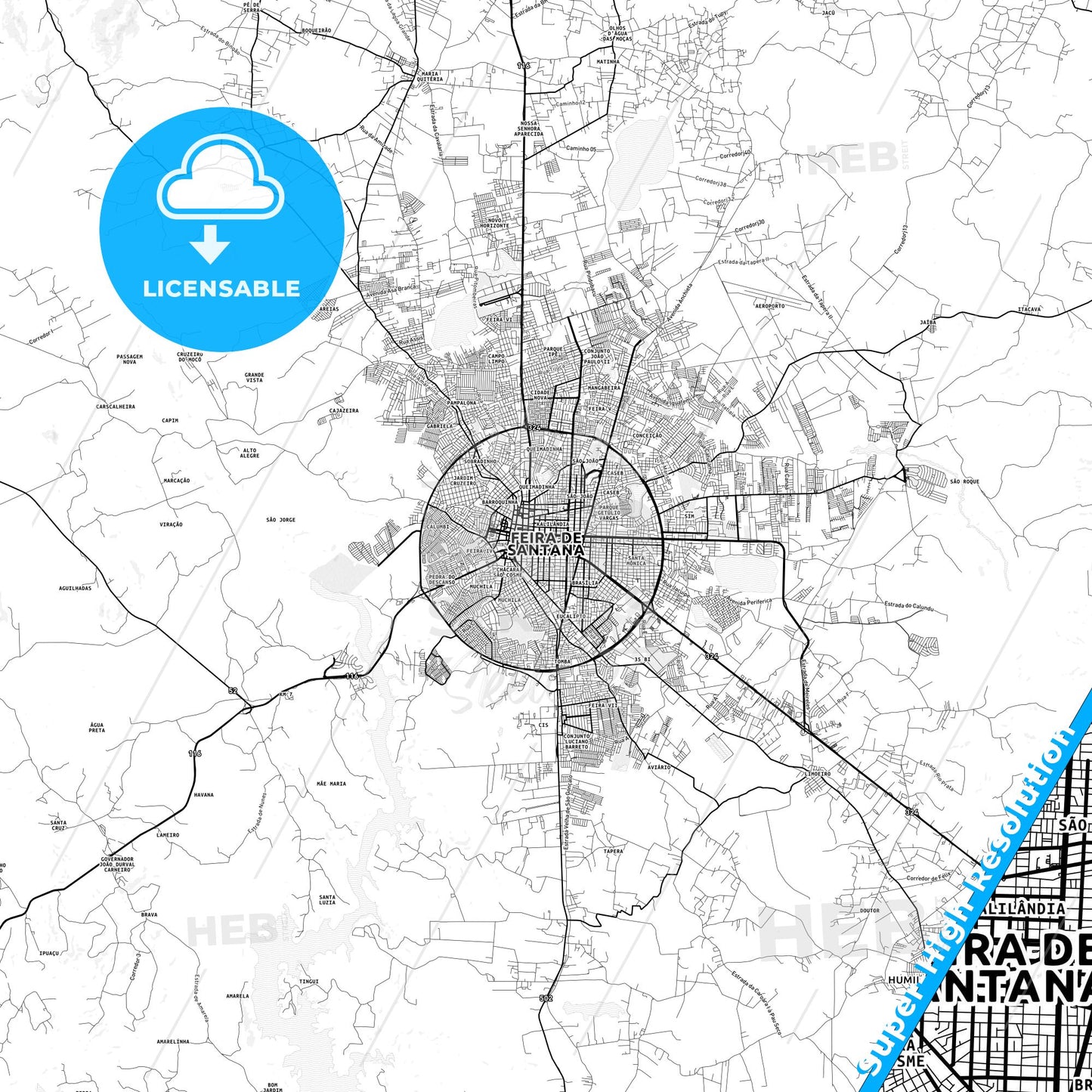 Feira de Santana, Brazil light map with streetnames, citynames and districts