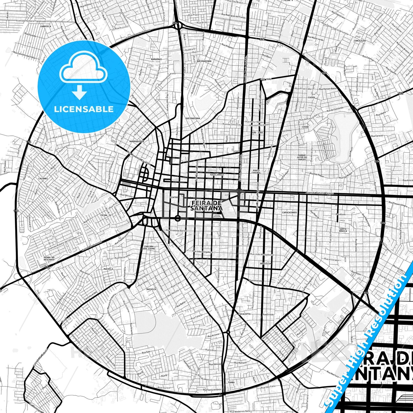 Feira de Santana, Brazil Light Map with Street Names, City Names, and Districts