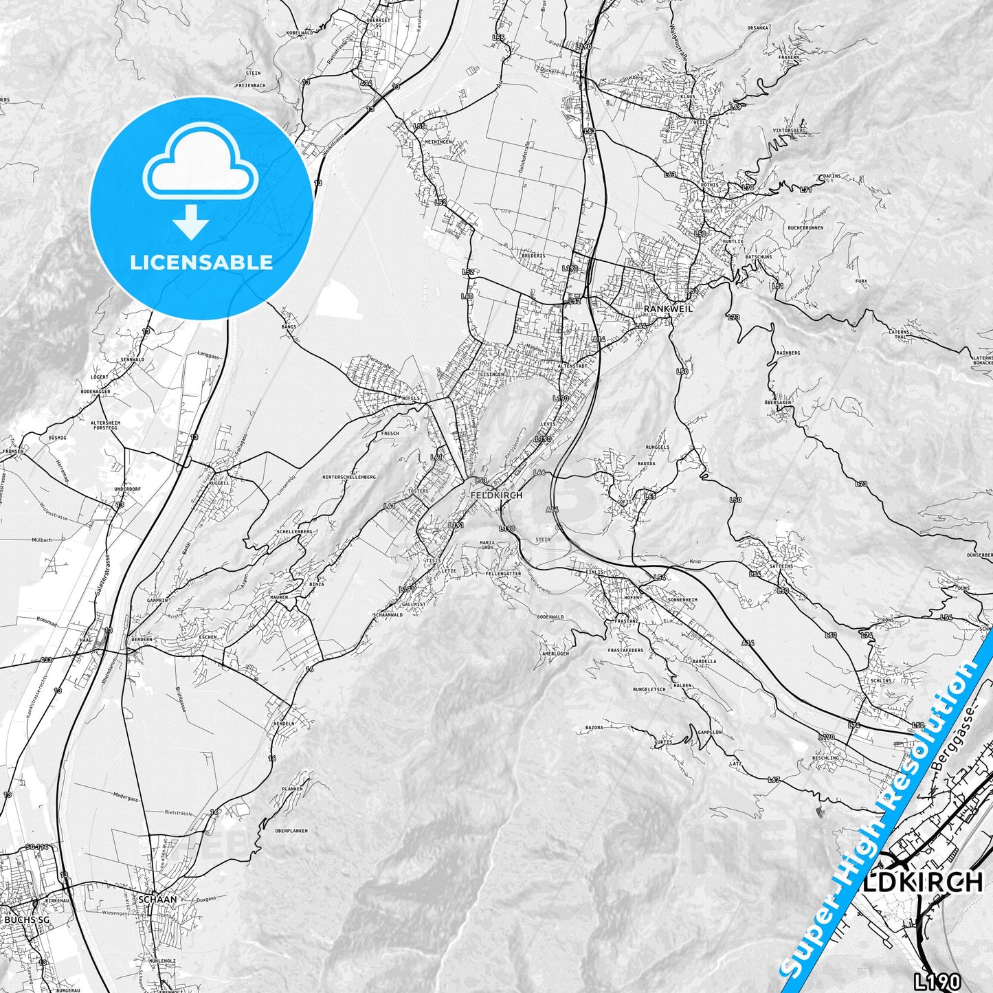 Feldkirch, Austria light map with streetnames, citynames and districts