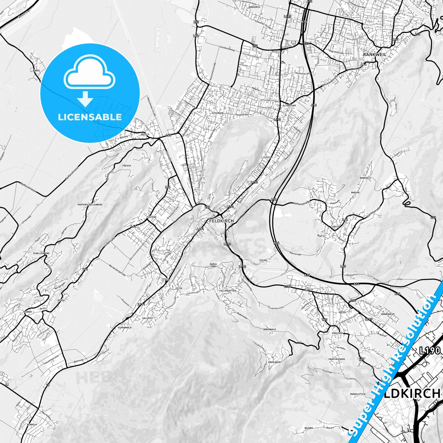 Feldkirch, Austria Light Map with Street Names, City Names, and Districts