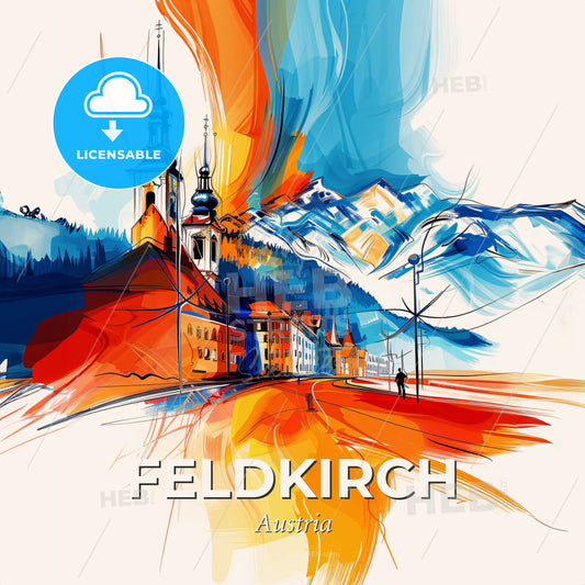 Vibrant Feldkirch, Austria - A Painting Of A Town With Mountains And Trees - Square format print template