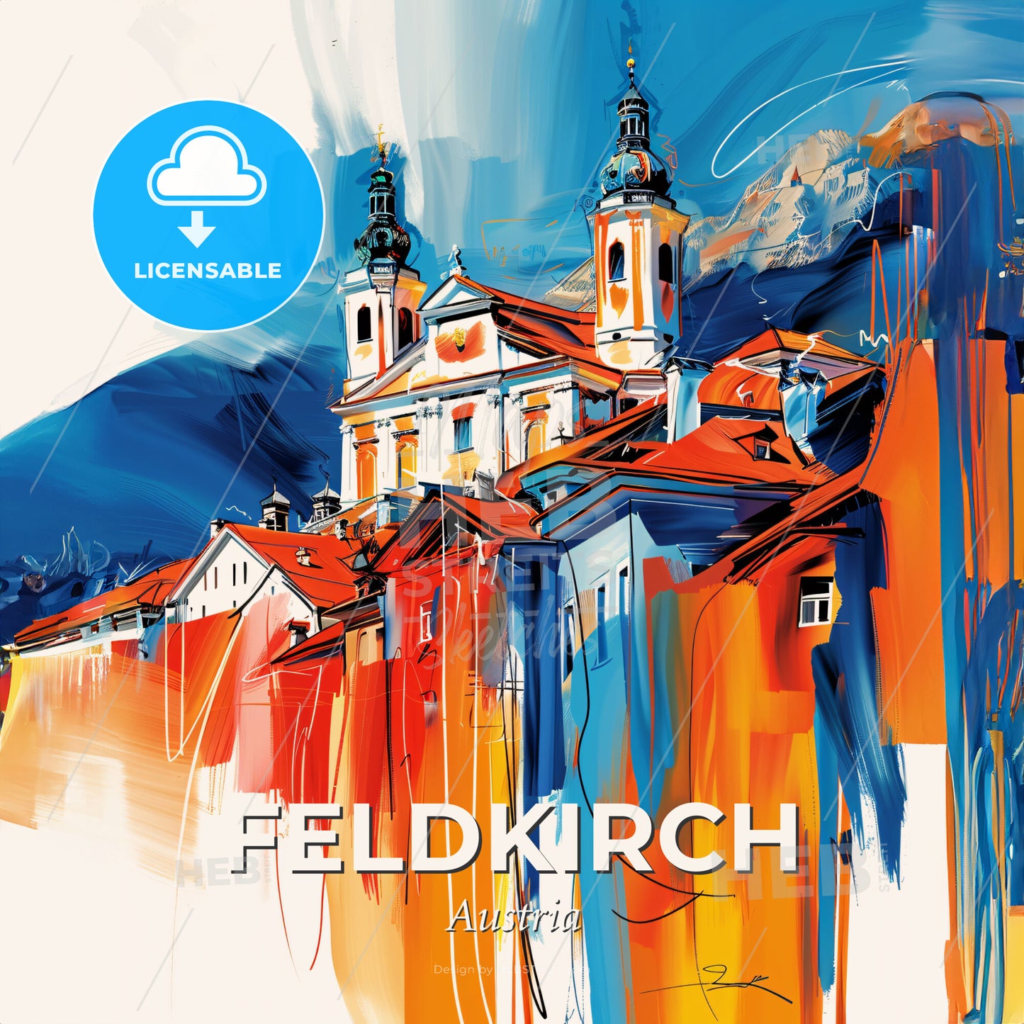 Vibrant Feldkirch, Austria - A Painting Of A Building With Orange Roofs - Square format print template