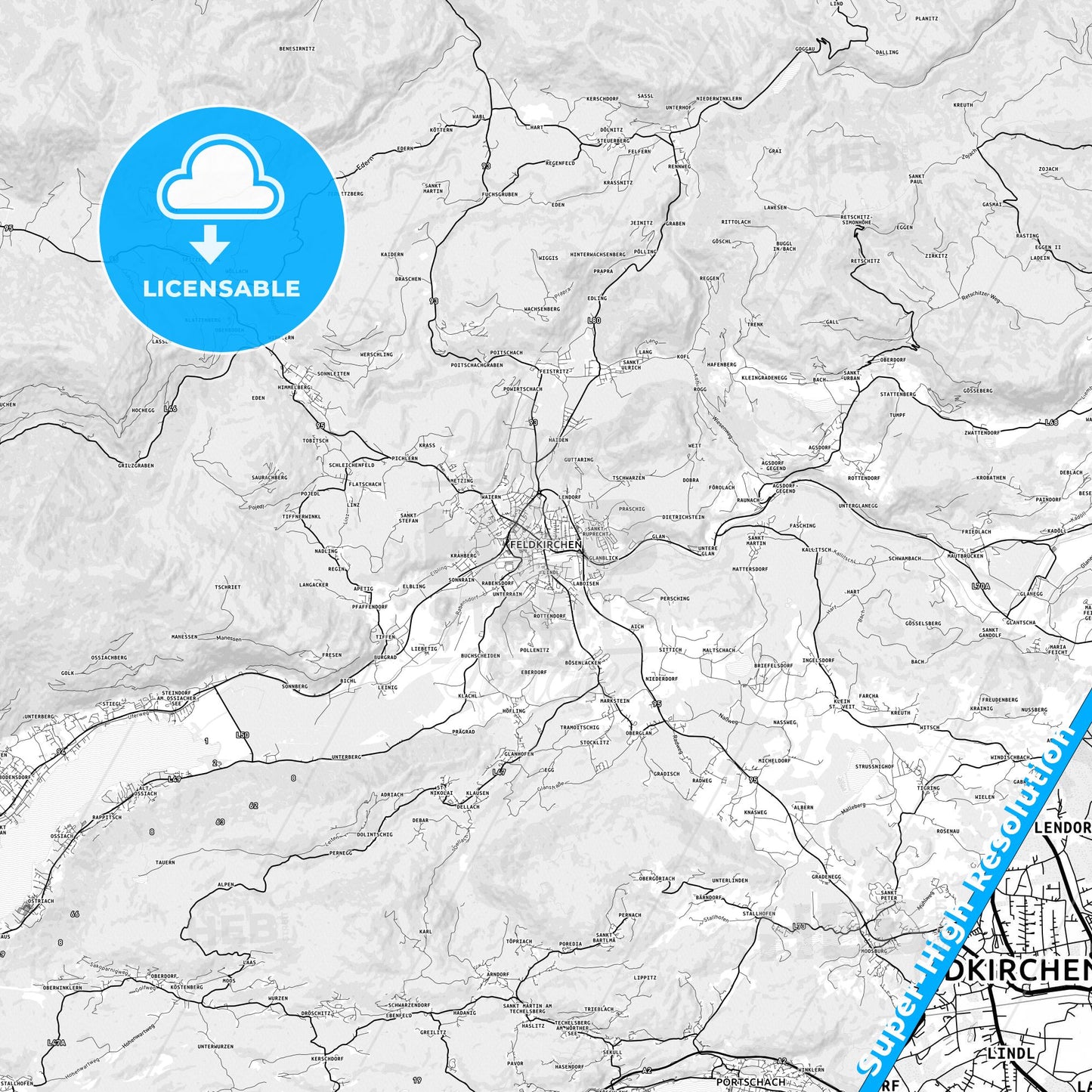 Feldkirchen, Austria light map with streetnames, citynames and districts