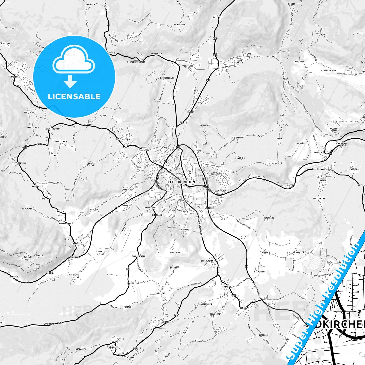 Feldkirchen, Austria Light Map with Street Names, City Names, and Districts