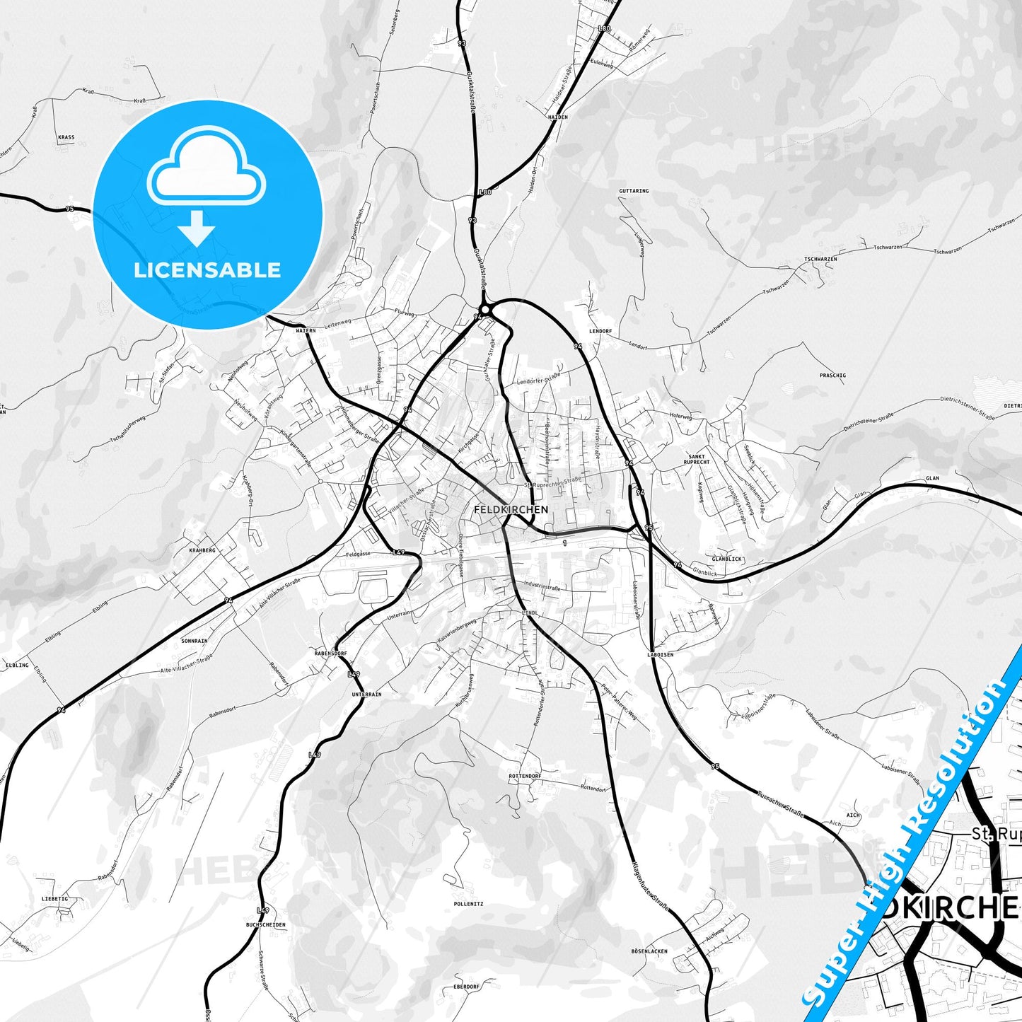 Feldkirchen, Austria Light Map with Street Names, City Names, and Districts