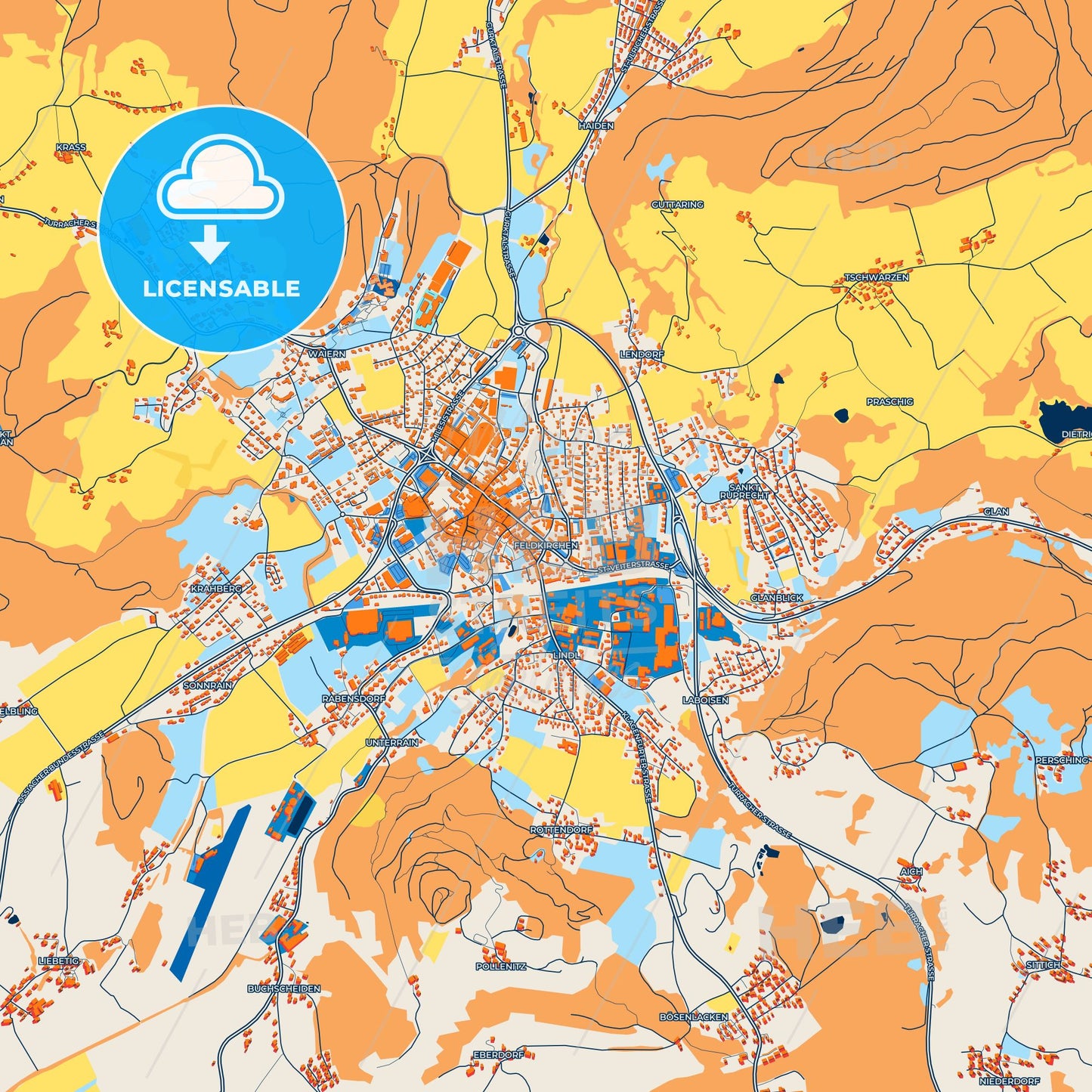 Colorful Feldkirchen Street Map with Labels and Buildings