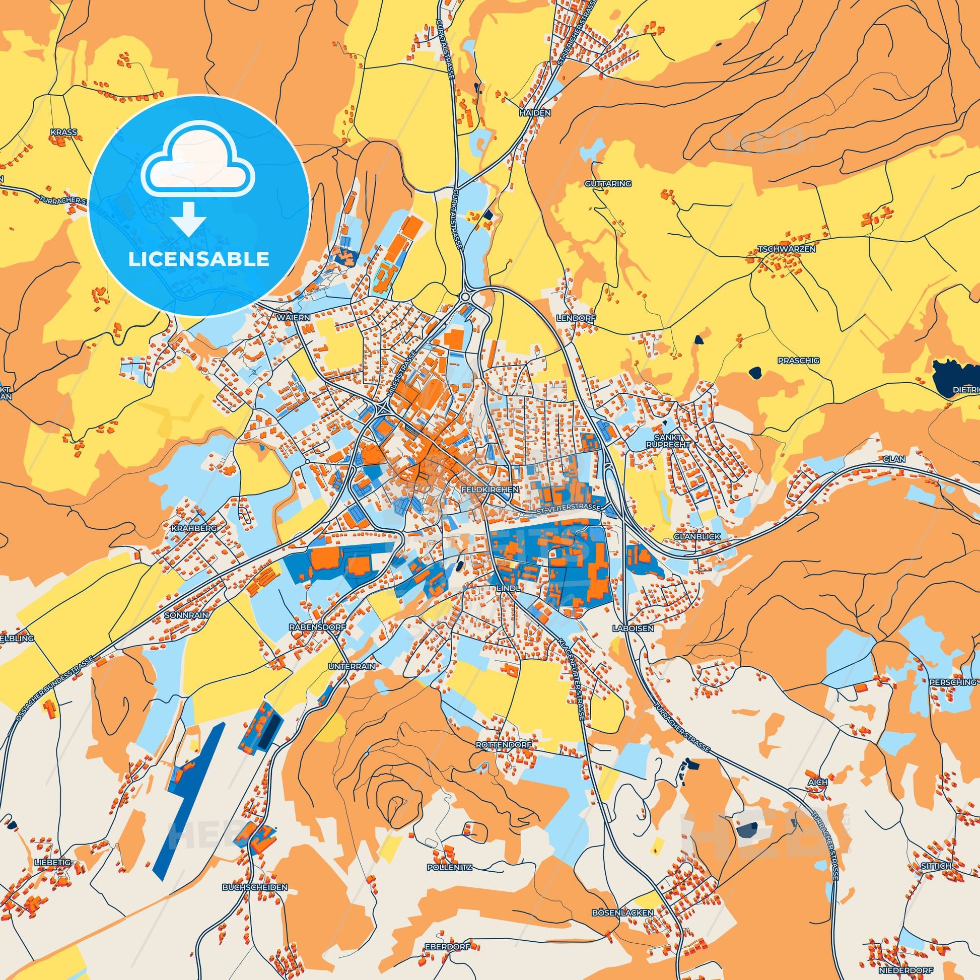 Colorful Feldkirchen Street Map with Labels and Buildings