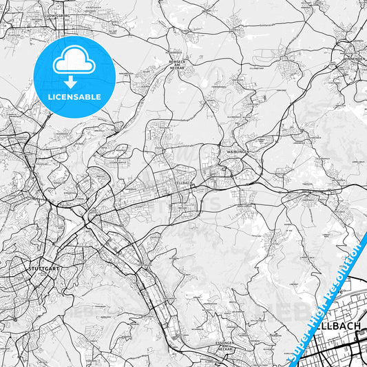 Fellbach, Germany light map with streetnames, citynames and districts
