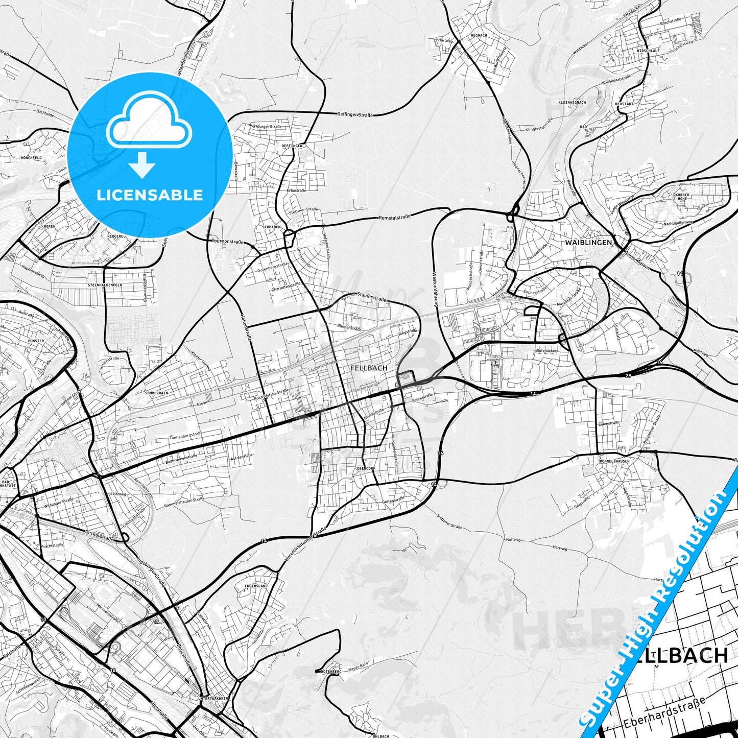 Fellbach, Germany Light Map with Street Names, City Names, and Districts
