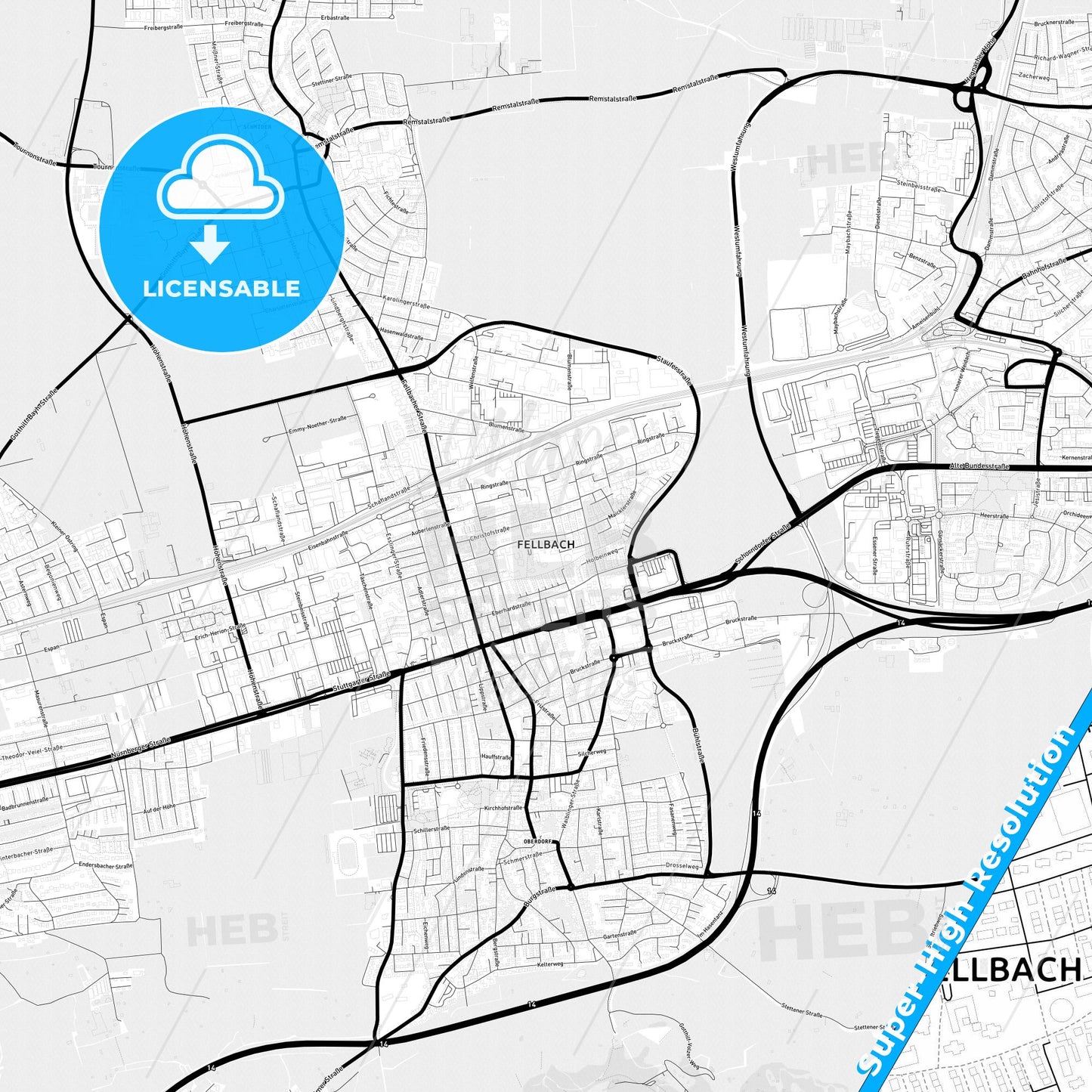 Fellbach, Germany Light Map with Street Names, City Names, and Districts