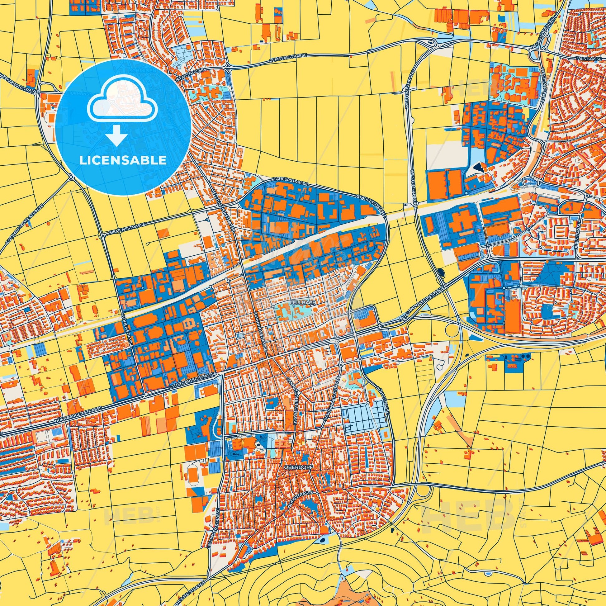 Colorful Fellbach Street Map with Labels and Buildings