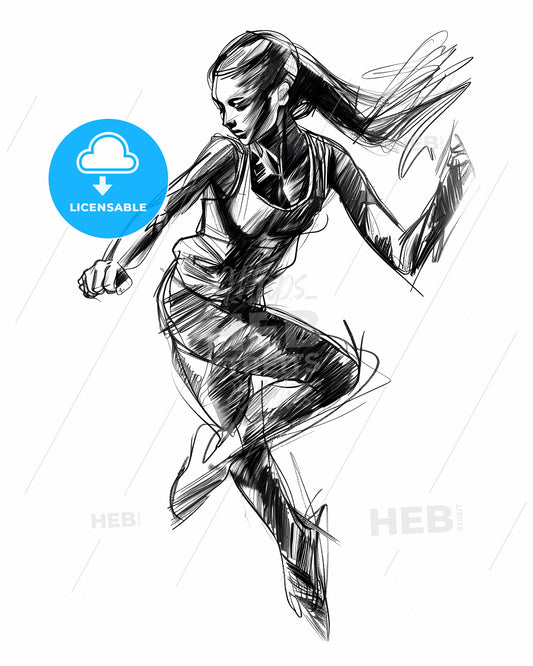Aggressive running woman drawing, pencil-style digital illustration isolated, dynamic sharp lines, transparent layers