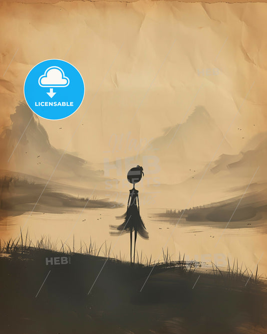 Minimalist Sketch on Beige, Noir Hues - A silhouette of a woman standing on grass by a lake