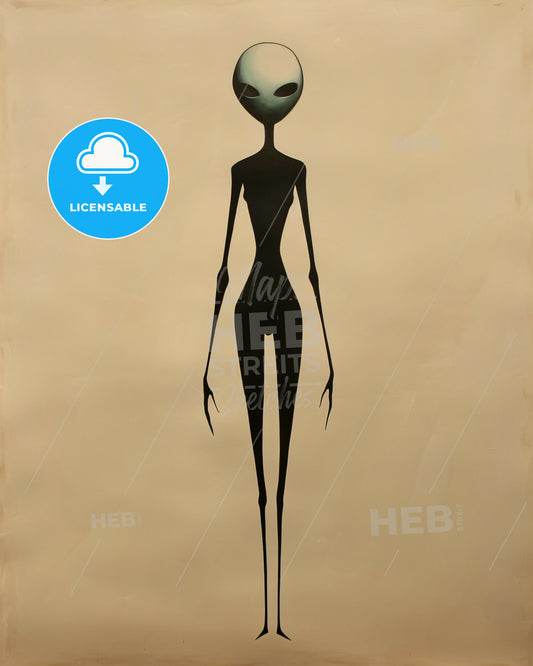 Modern Minimalist Human Body Art on Beige - A black and white alien