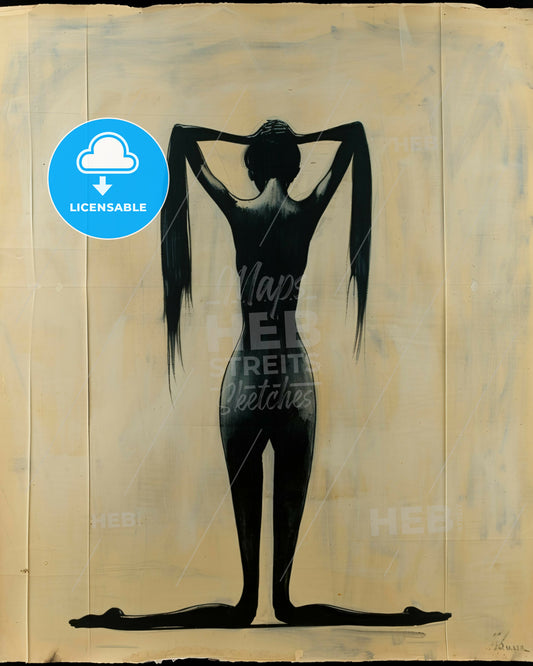 female human body sketch, beige paper background  - A drawing of a woman holding her hair