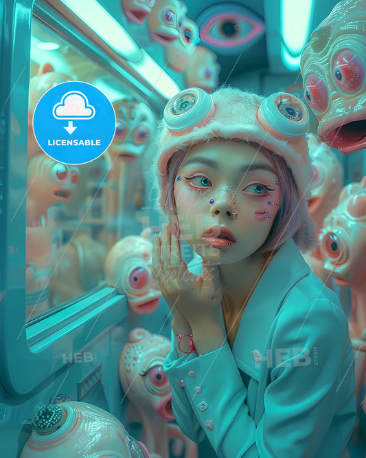 Pastel-Toned Retrofuturistic Woman Entering Doorway in Wes Anderson-Inspired Skyscraper, Surrounded by Curious Creatures on Film, Hyper Realistic