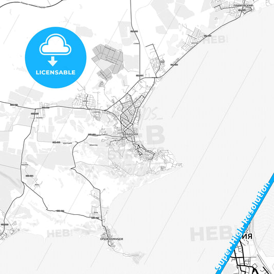 Feodosiya, Ukraine light map with streetnames, citynames and districts
