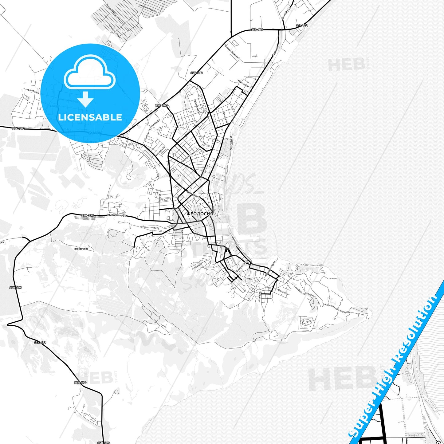 Feodosiya, Ukraine Light Map with Street Names, City Names, and Districts