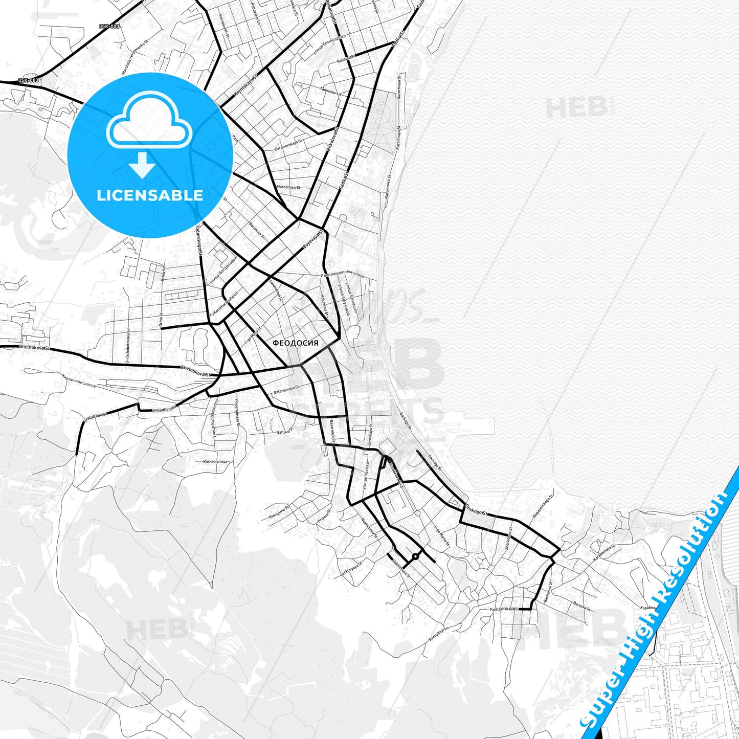 Feodosiya, Ukraine Light Map with Street Names, City Names, and Districts