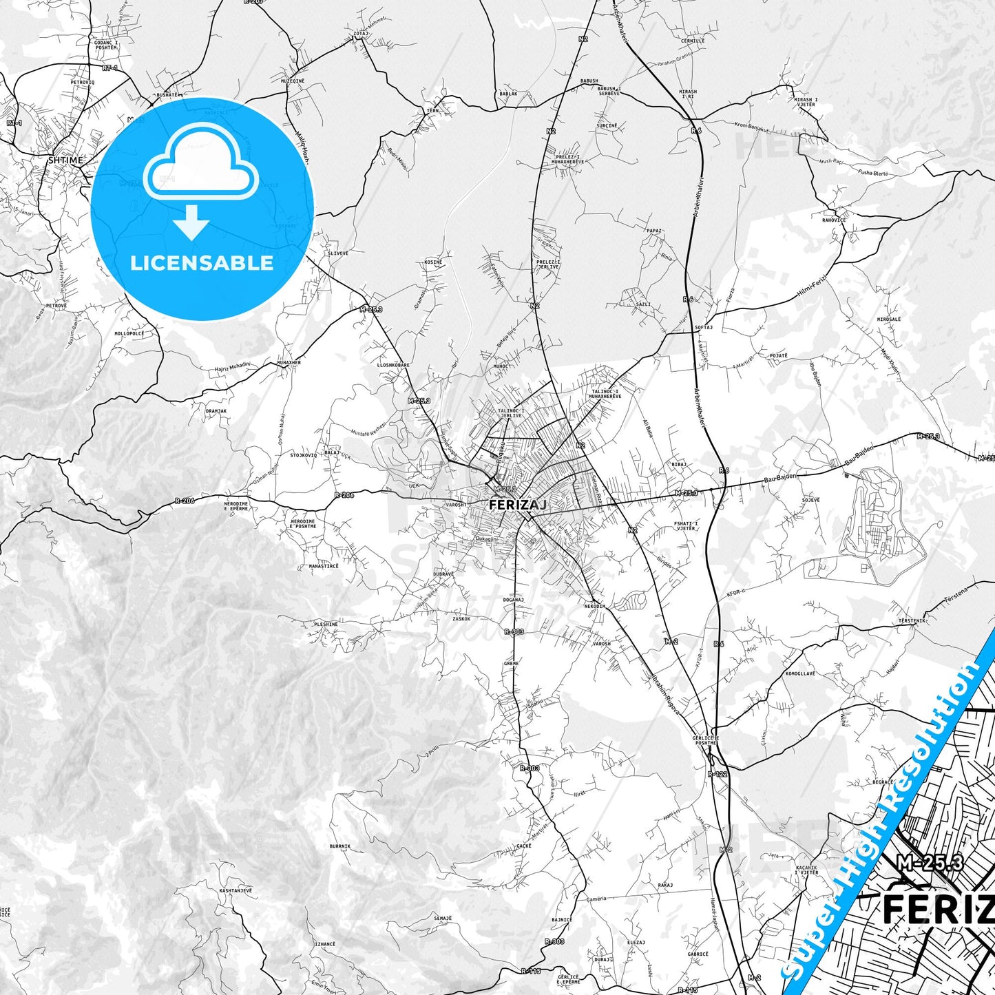 Ferizaj / Uroševac, Kosovo light map with streetnames, citynames and districts