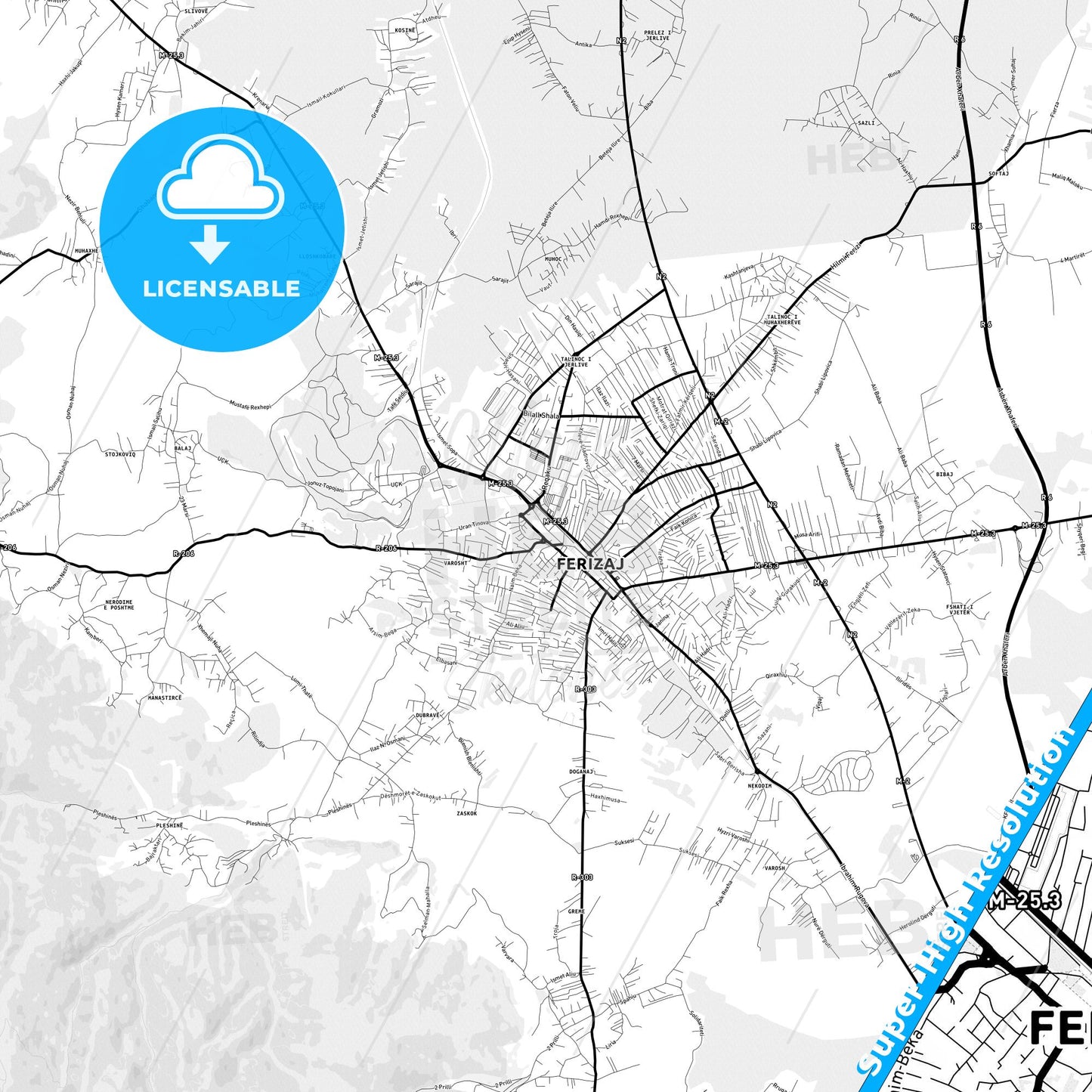Ferizaj / Uroševac, Kosovo Light Map with Street Names, City Names, and Districts