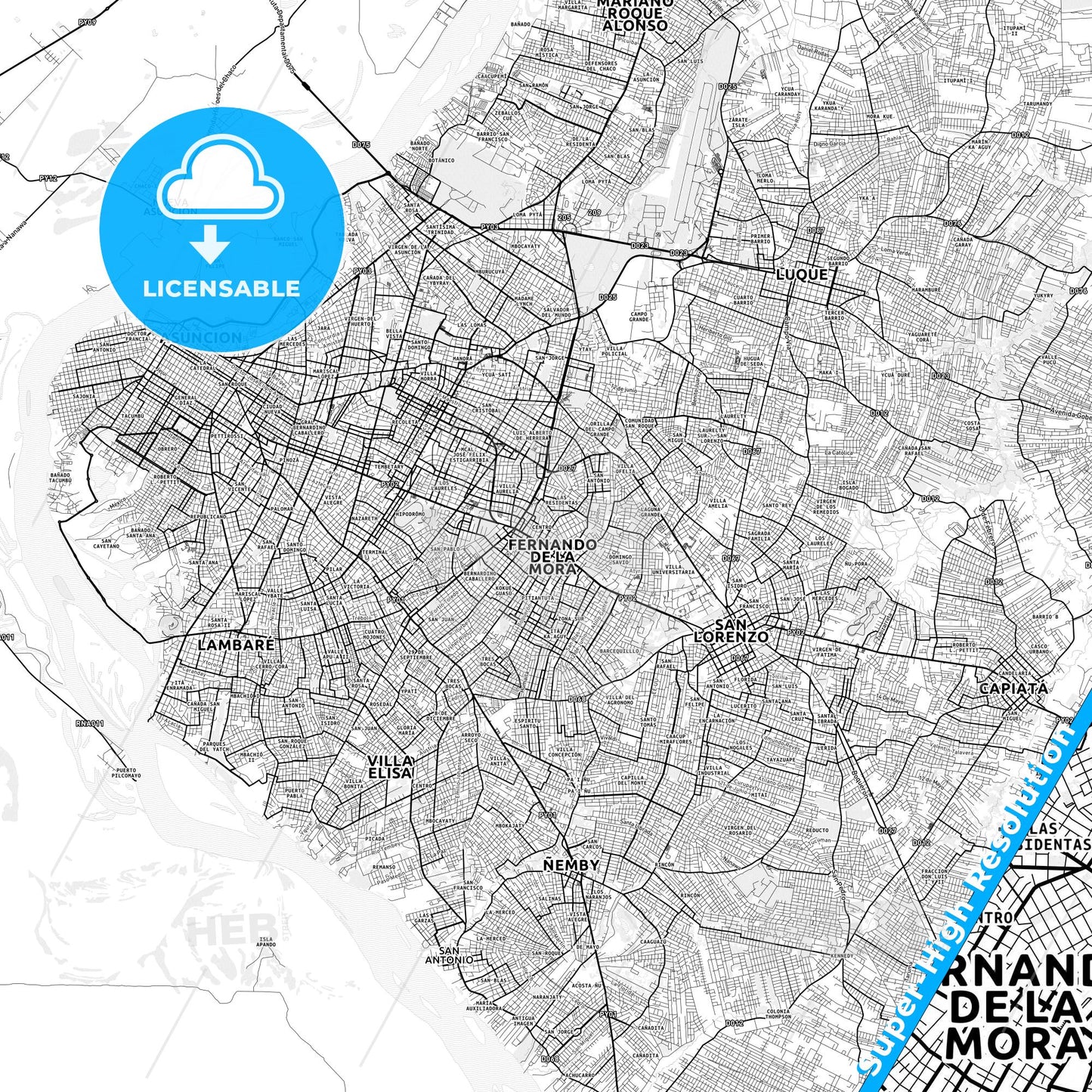 Fernando de la Mora, Paraguay light map with streetnames, citynames and districts