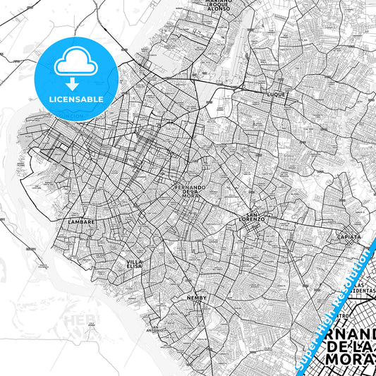 Fernando de la Mora, Paraguay light map with streetnames, citynames and districts