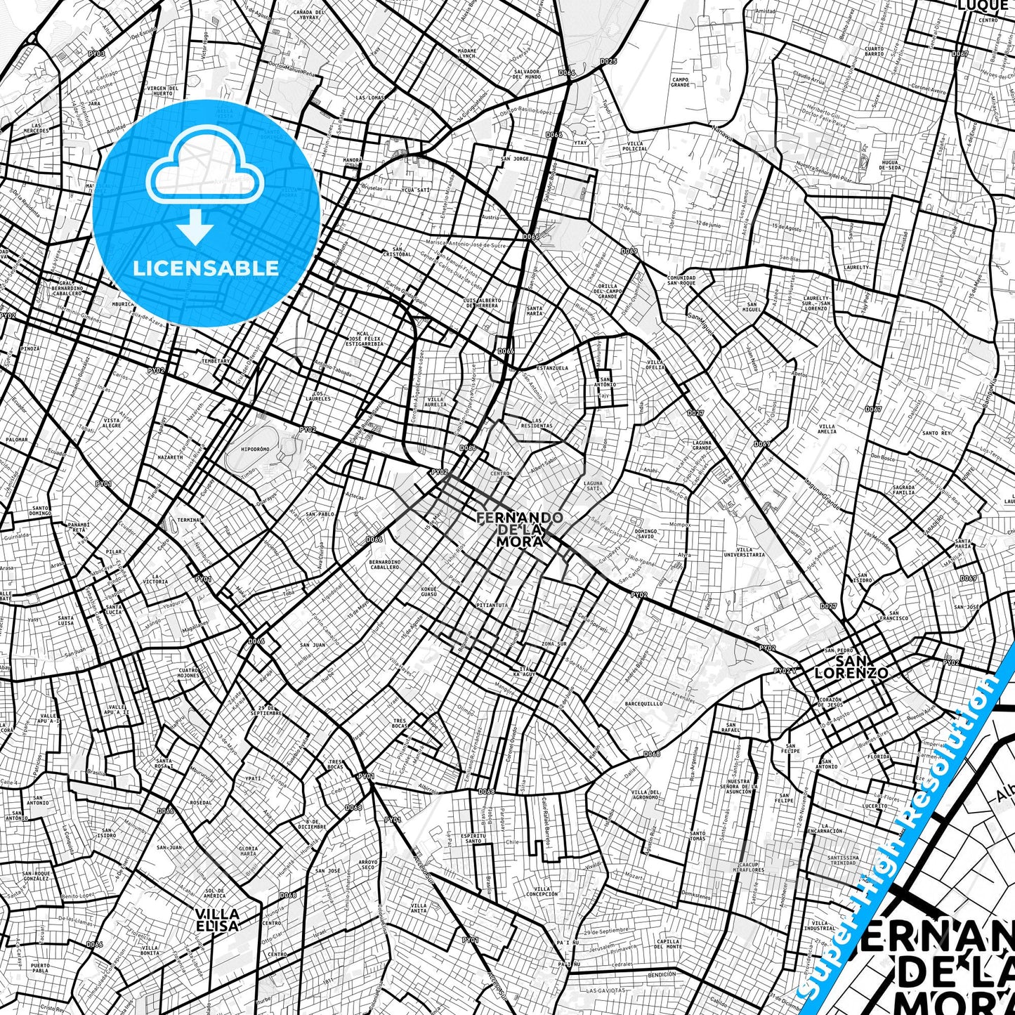 Fernando de la Mora, Paraguay Light Map with Street Names, City Names, and Districts