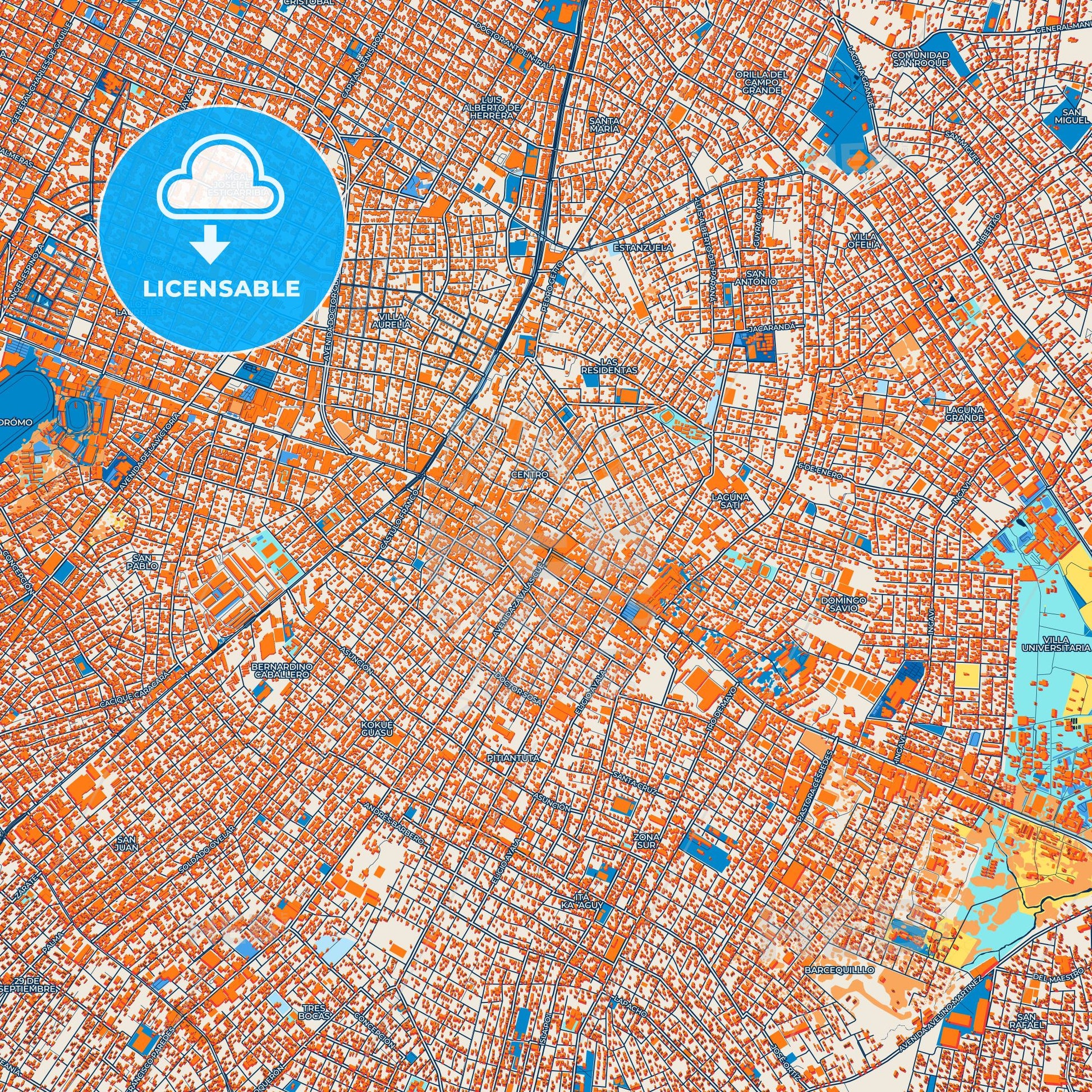 Colorful Fernando de la Mora Street Map with Labels and Buildings