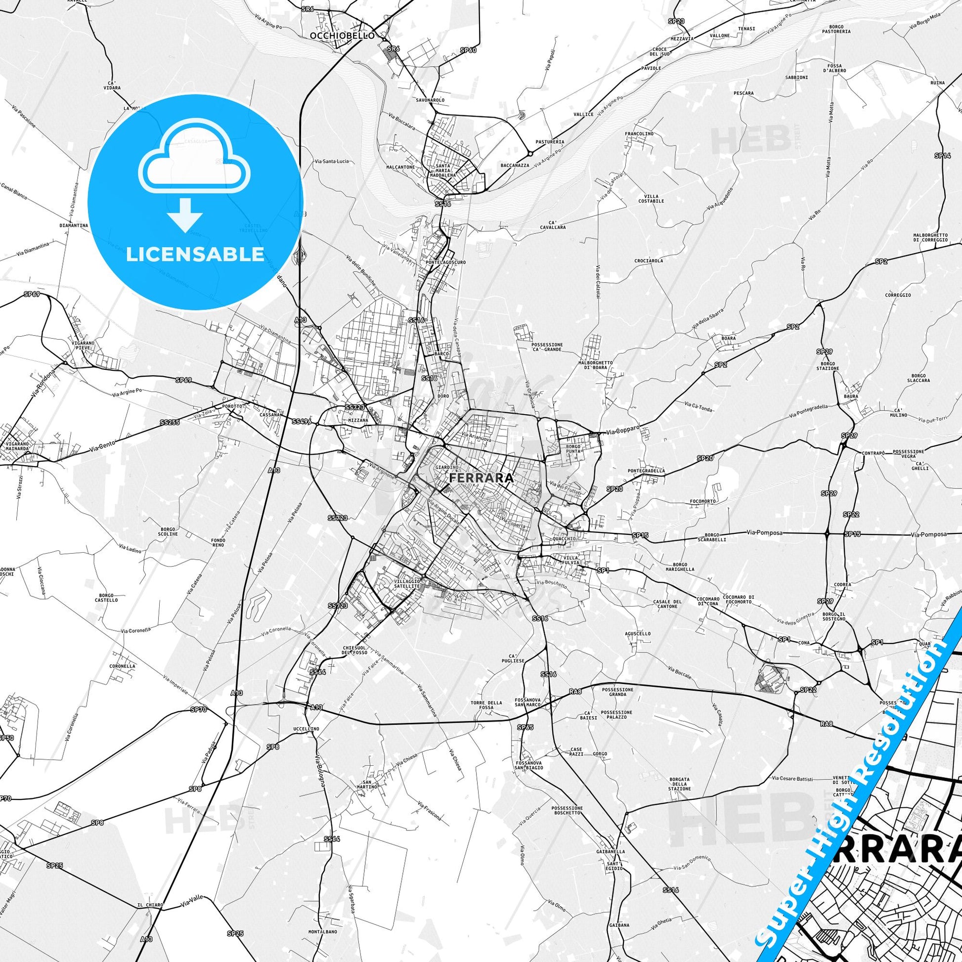 Ferrara, Italy light map with streetnames, citynames and districts