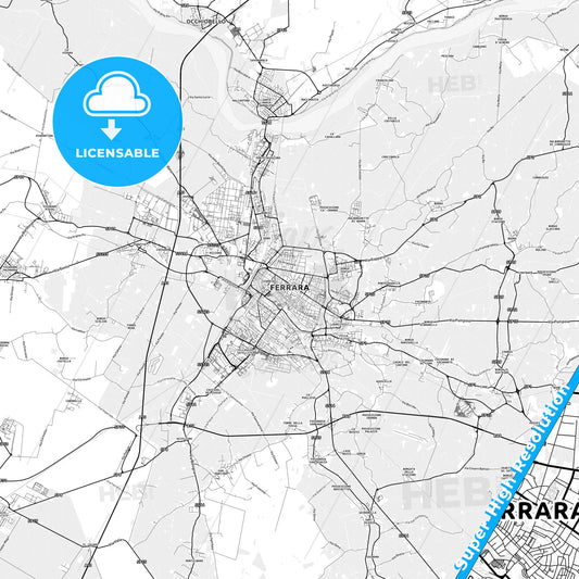 Ferrara, Italy light map with streetnames, citynames and districts