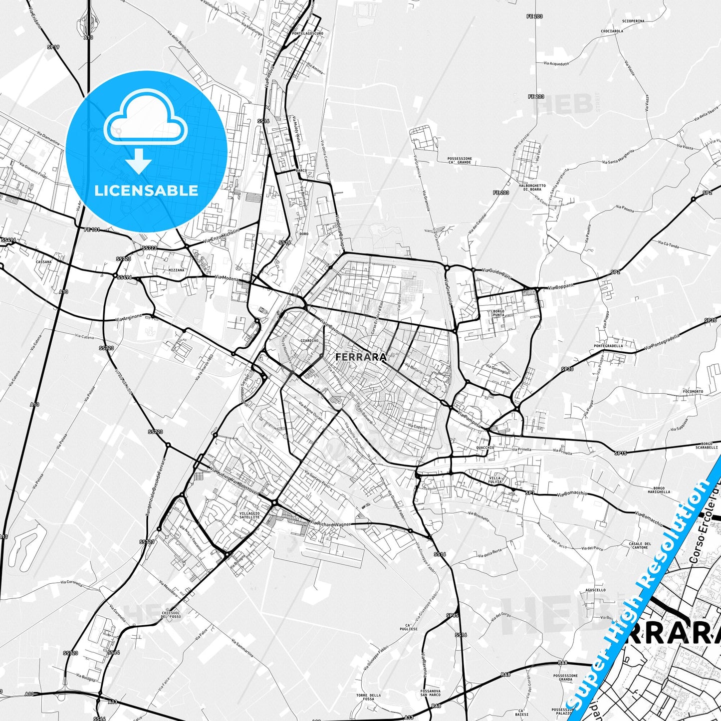 Ferrara, Italy Light Map with Street Names, City Names, and Districts