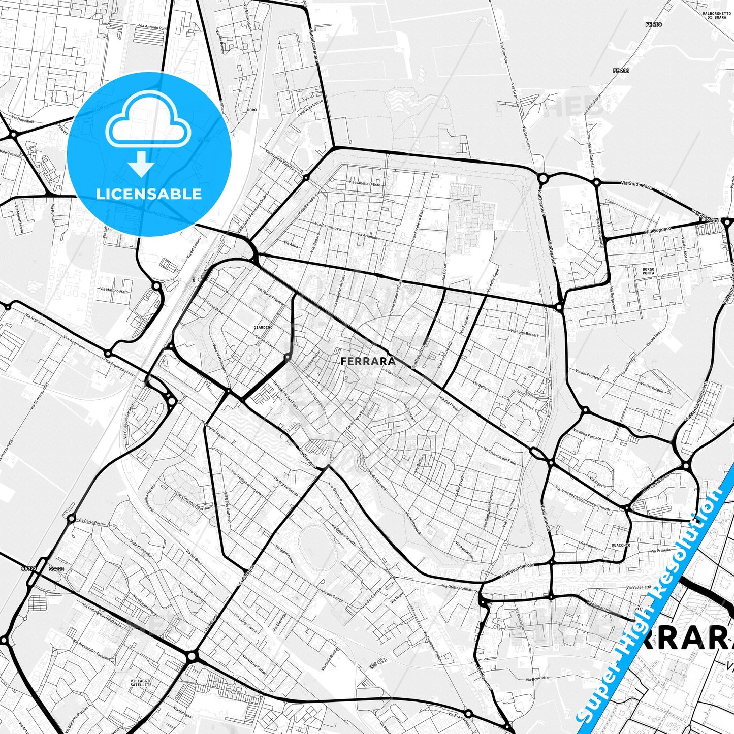 Ferrara, Italy Light Map with Street Names, City Names, and Districts