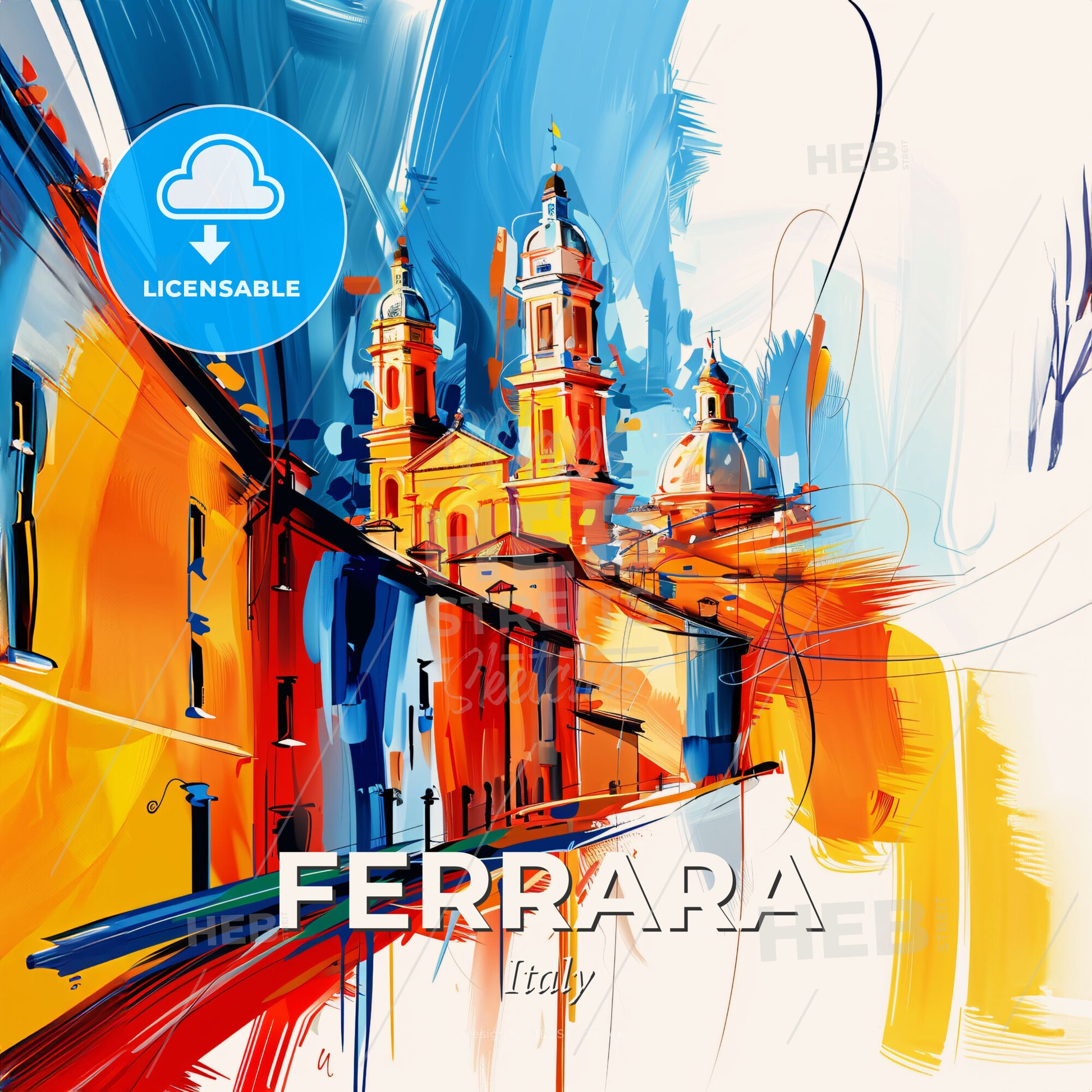 Vibrant Ferrara, Italy - A Colorful Painting Of A Building - Square format print template
