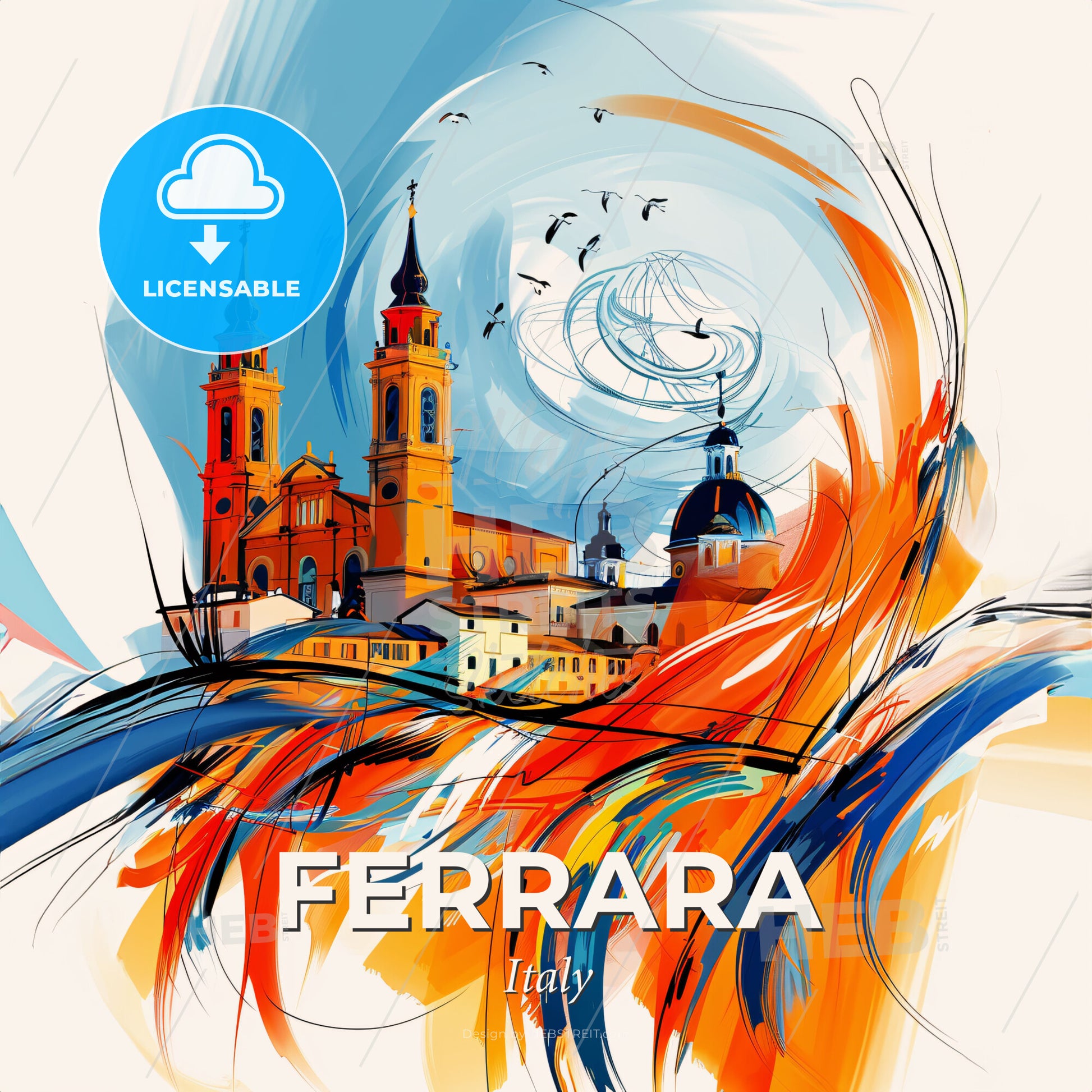 Vibrant Ferrara, Italy - A Painting Of A Building With A Colorful Swirl - Square format print template