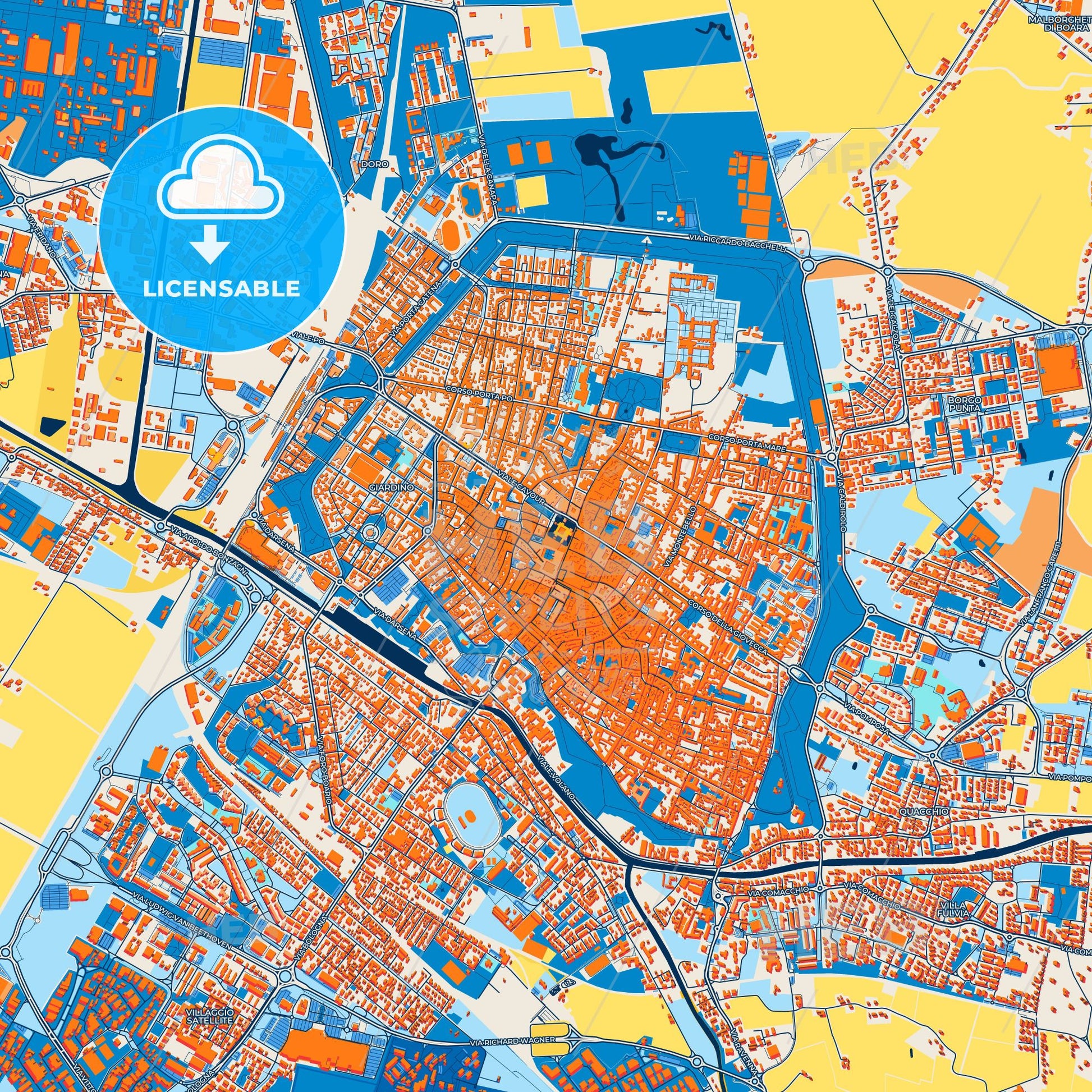 Colorful Ferrara Street Map with Labels and Buildings